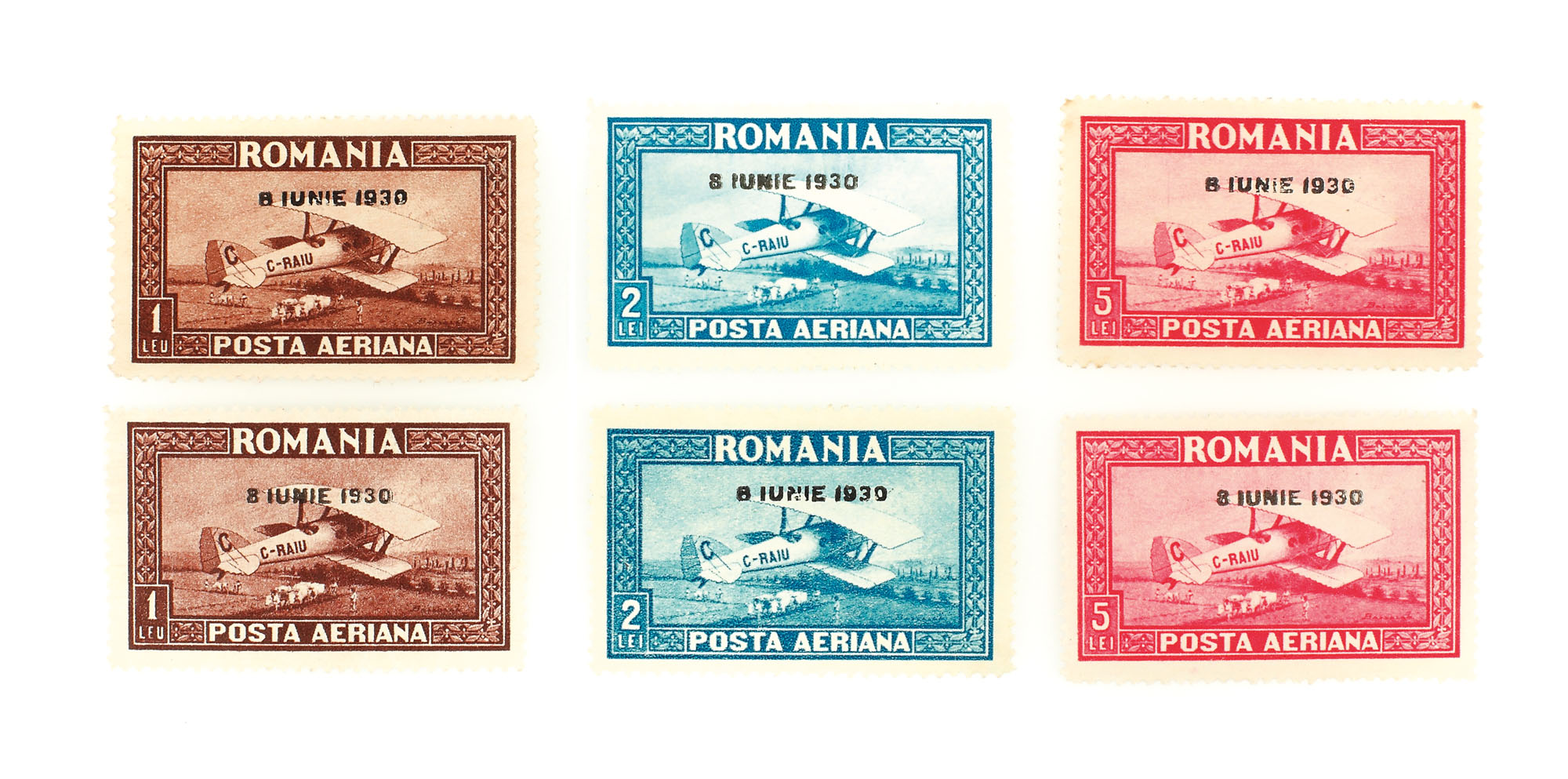 Lot consisting of two full series of "Air Mail", 1, 2 and 5 lei, Romania, 1930