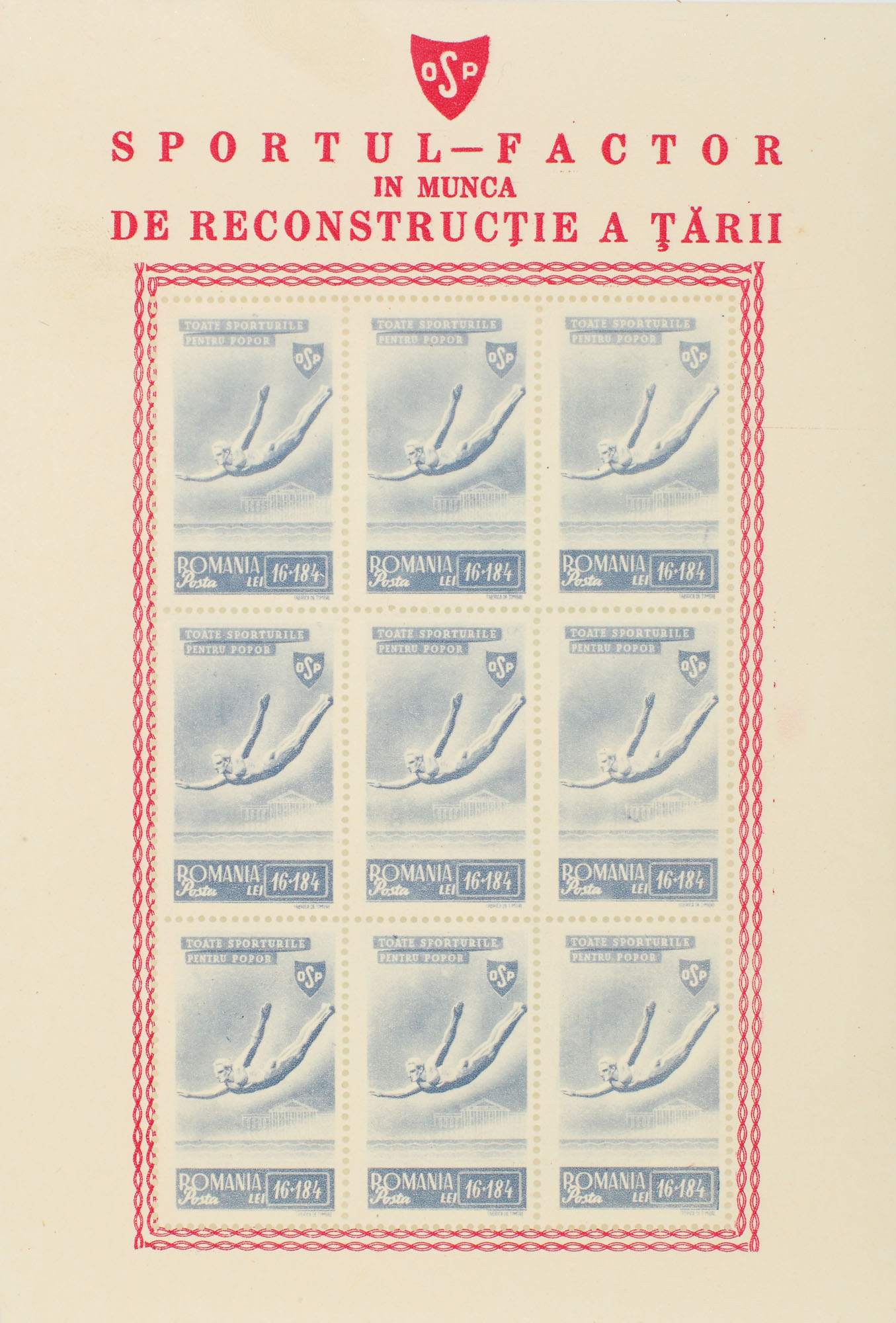 Full "OSP" series, in a block of 9 stamps, perforated and imperforate, Romania, 1945