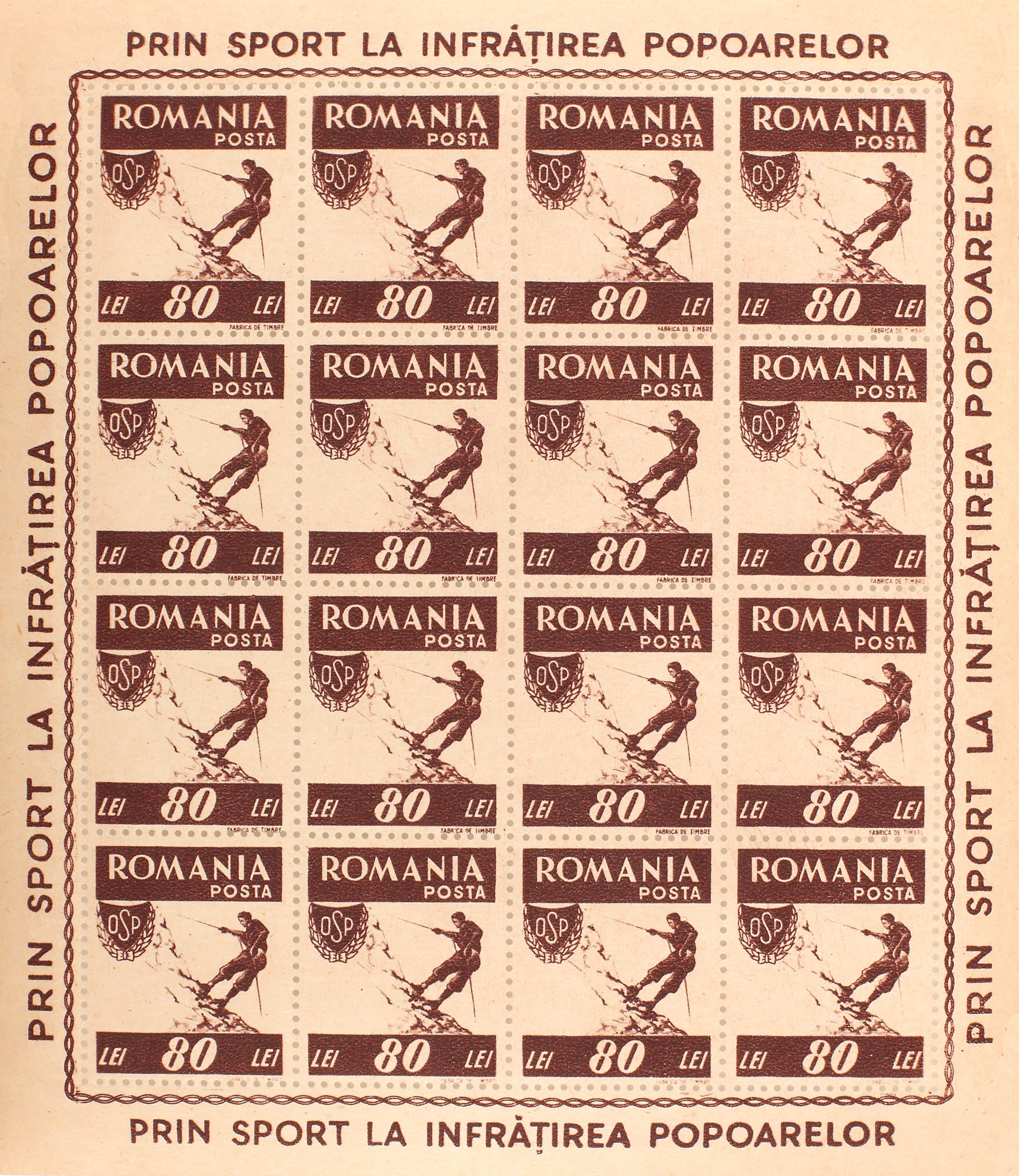 Full series "Sports for the fraternity of nations", in a block of 16 stamps, perforated and imperforate, Romania, 1946