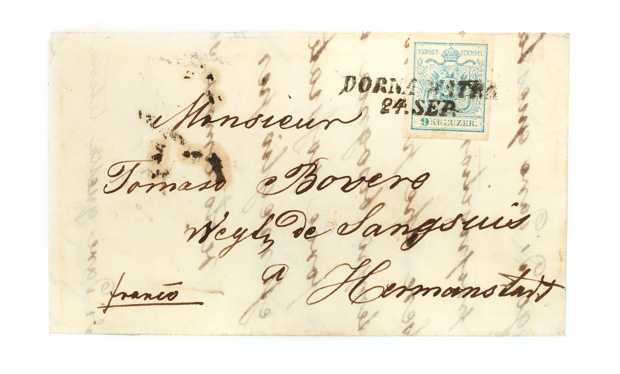 Letter franked with a 9 kreuzer stamp, Austria, 1850, sent from Vatra Dornei to Sibiu, 25 September 1851