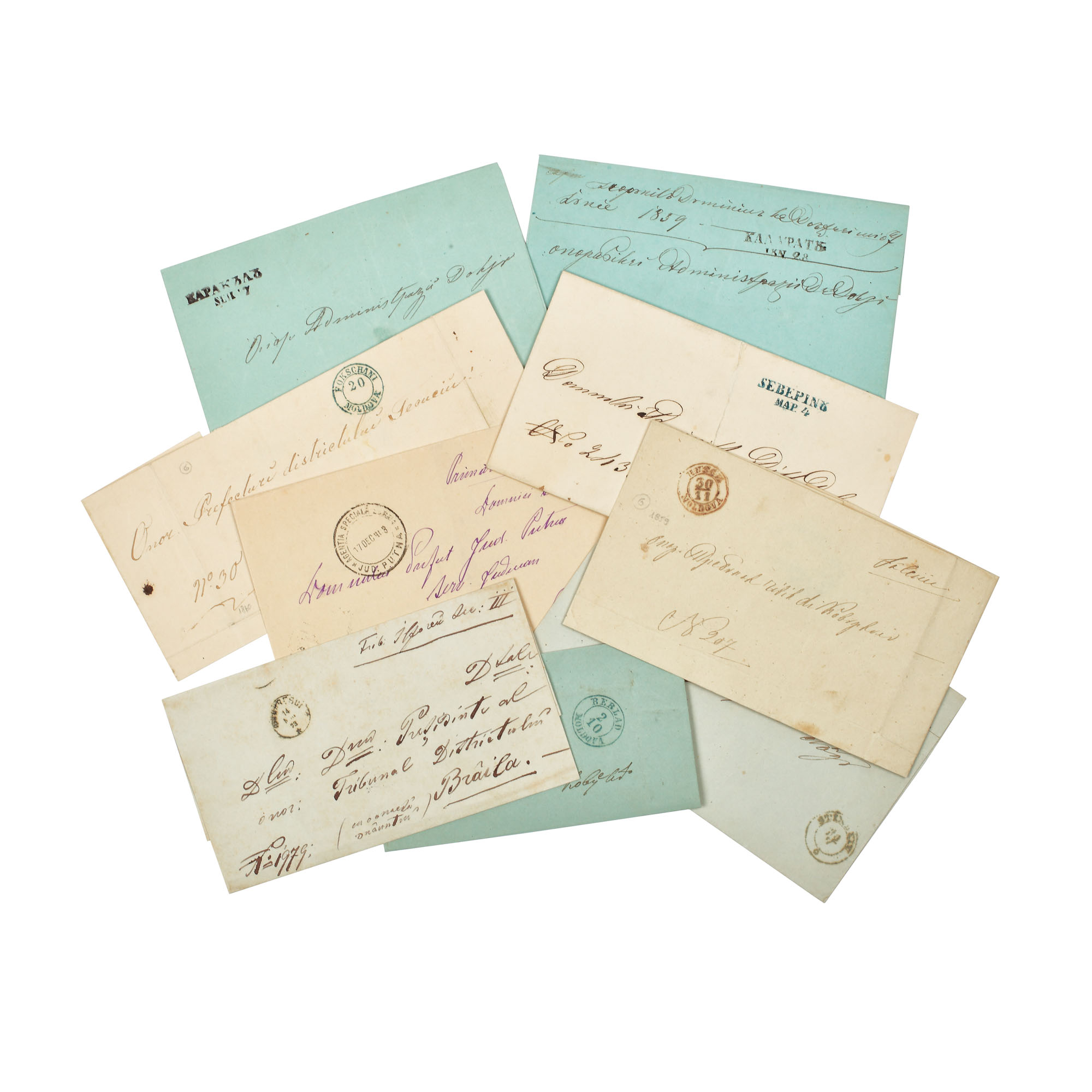 Lot format din 9 scrisori oficiale prefilatelice şi filatelice, 1857-1873