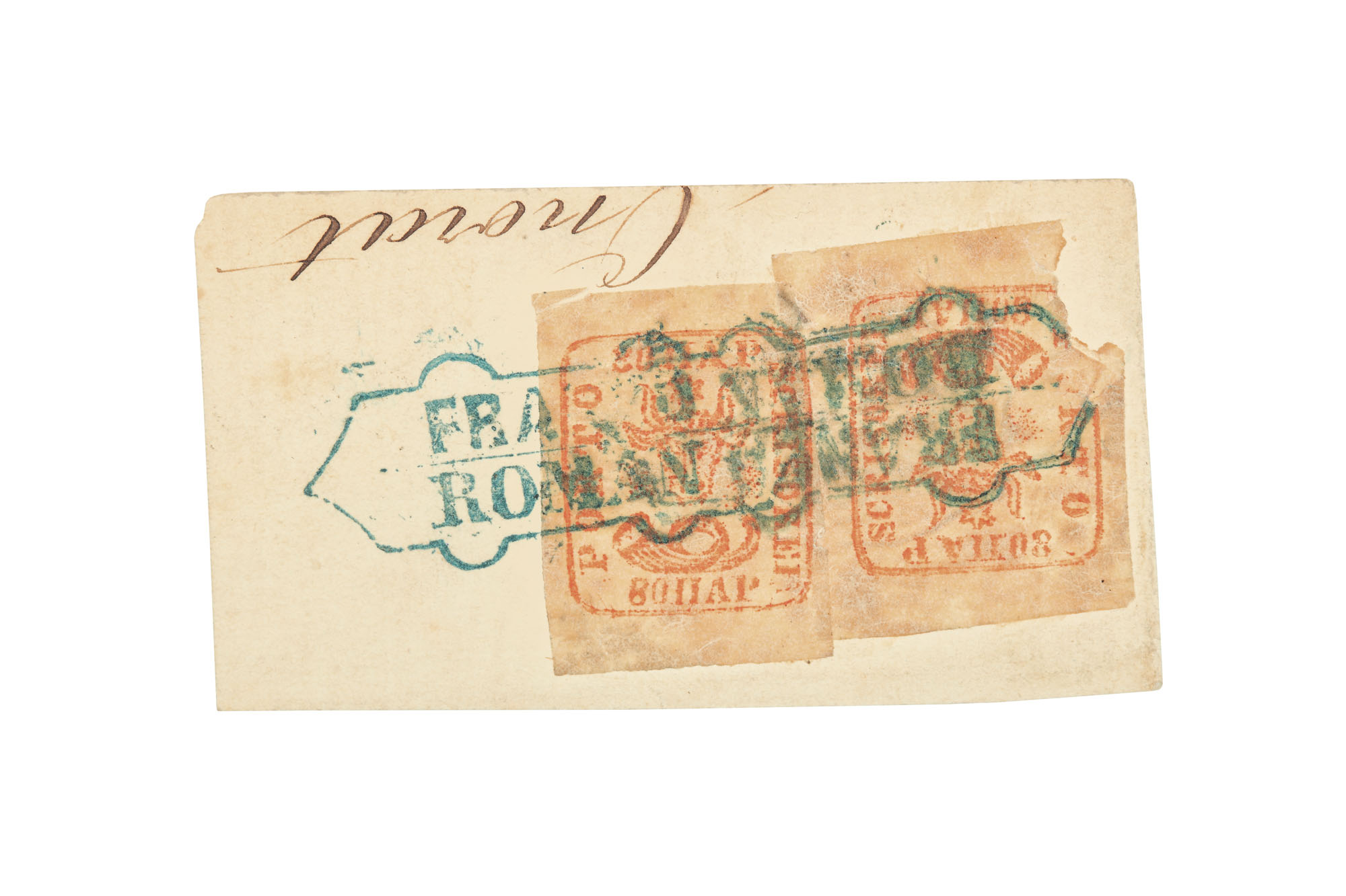 Fragment of letter franked with two "Auroch's Head" stamps, 80 parale each, 1858