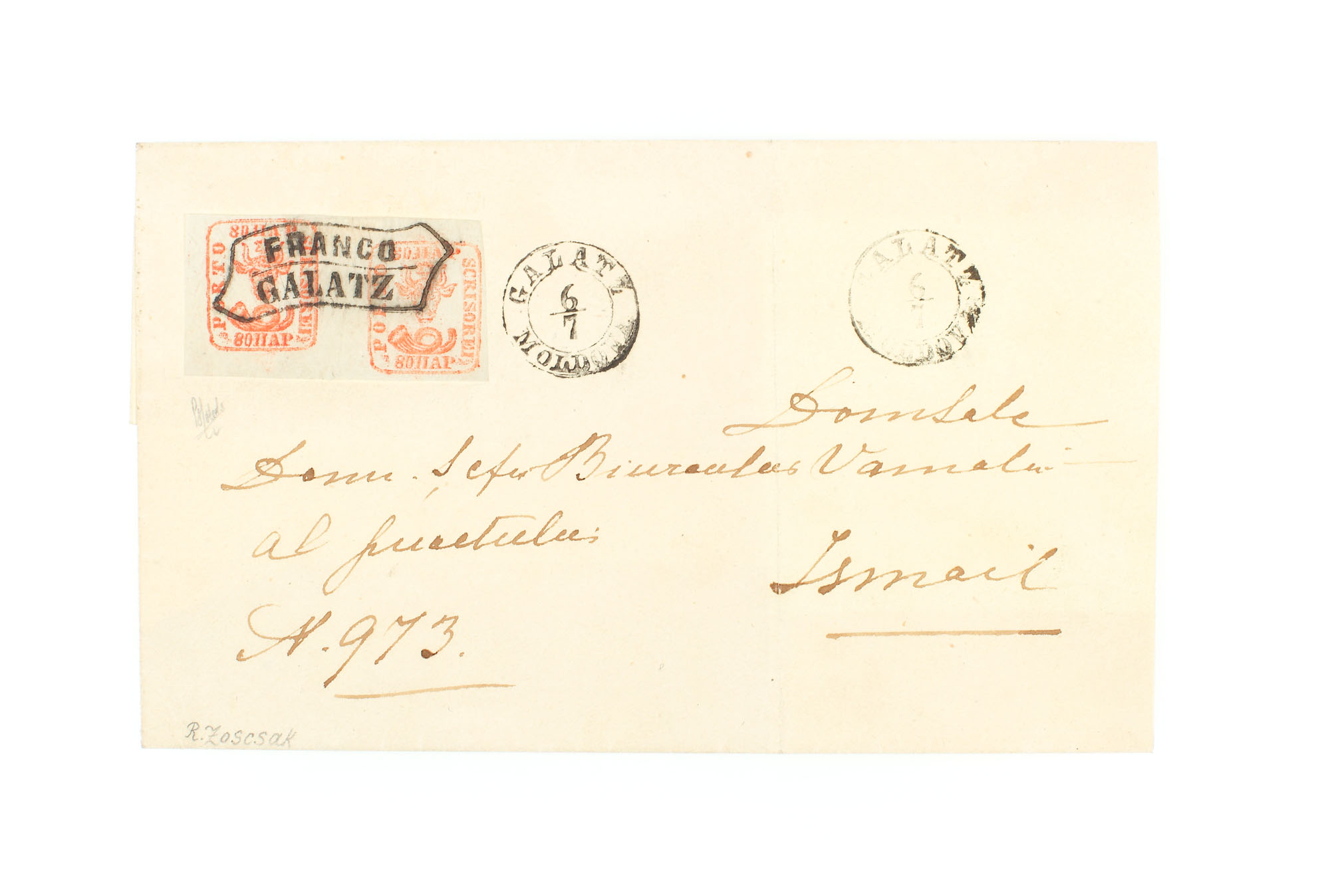 Letter franked with a pair of "Auroch's Head" stamps, 80 parale each, sent from Galaţi to Izmail