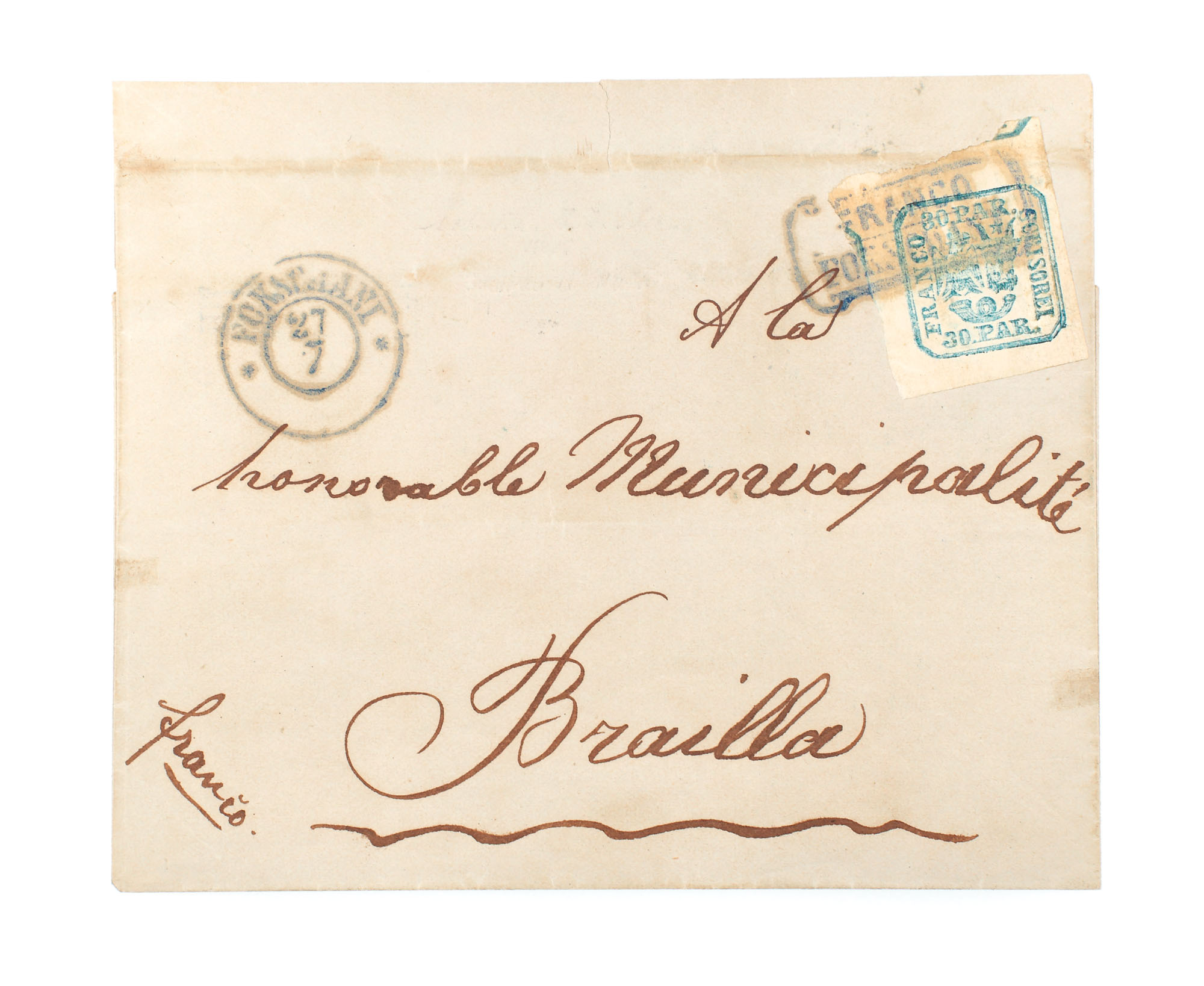 Envelope franked with a "United Principalities" 30 parale stamp, 1862, sent from Focşani to Brăila
