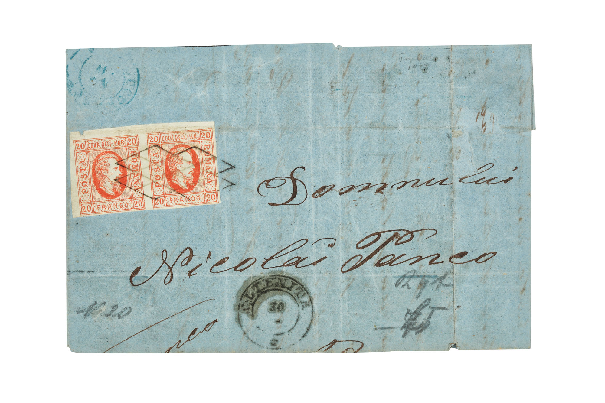 Letter franked with 2 "Cuza" stamps, 20 parale each, 1862