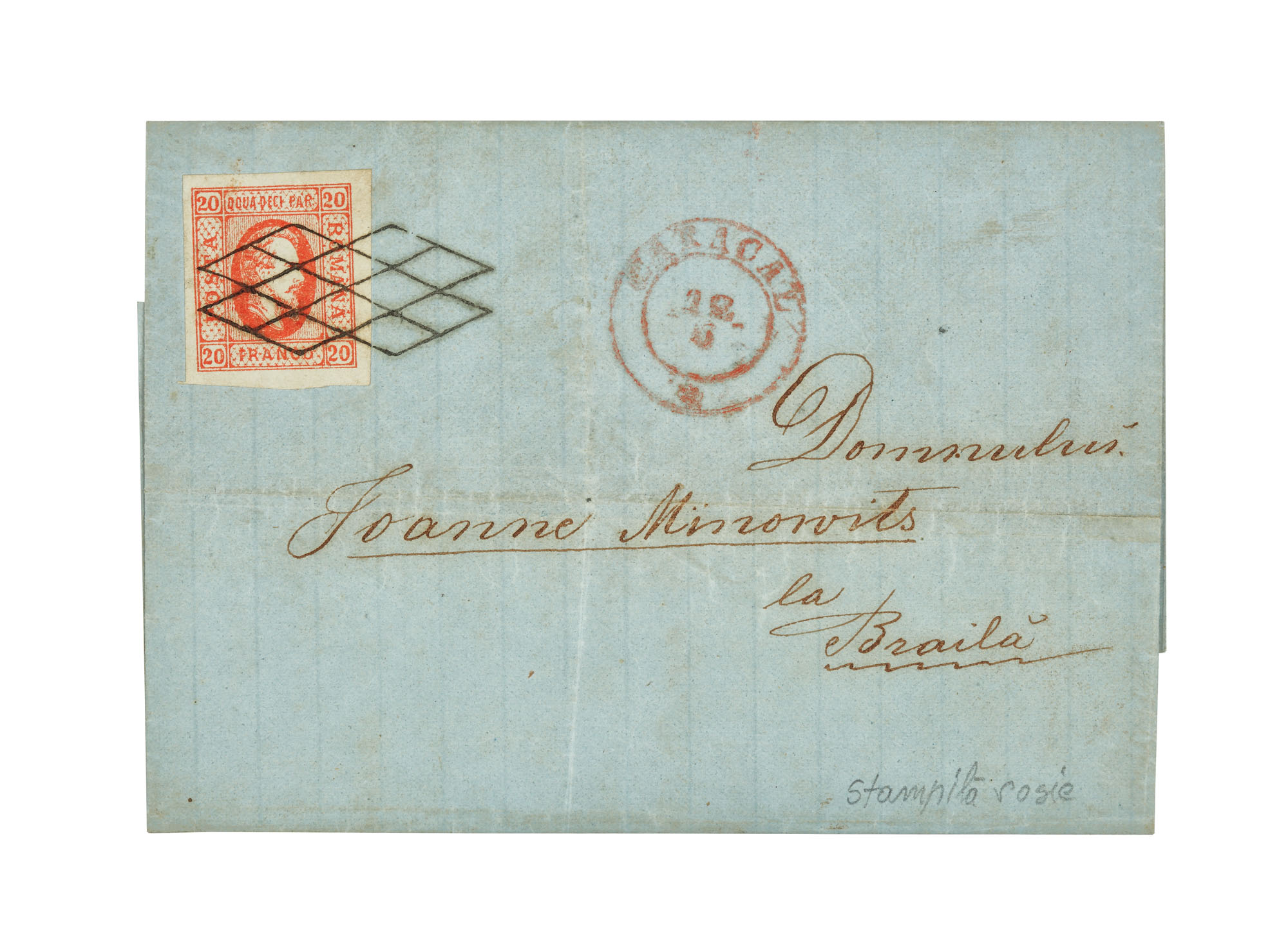 Letter franked with a "Cuza" 20 parale stamp, 1862