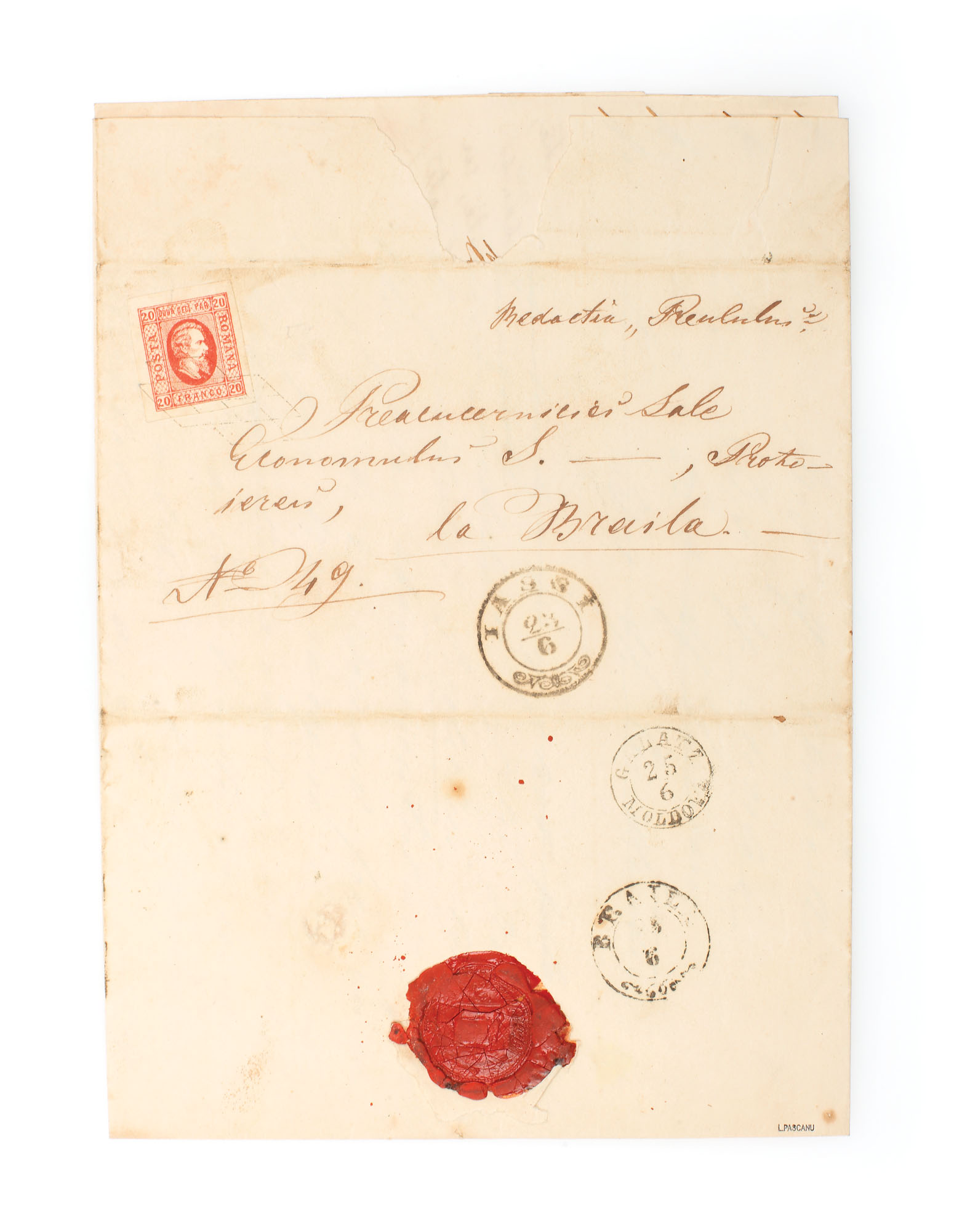 Letter franked with a "Cuza" 20 bani stamp, sent from Iaşi to Brăila, 23 June 1865