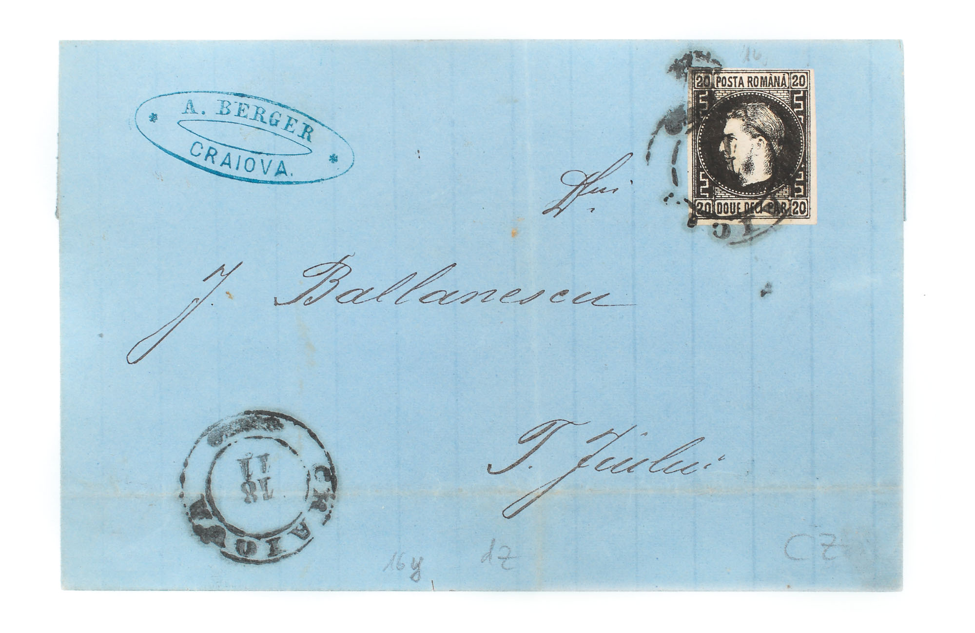 Plic francat cu timbru "Carol cu favoriţi", valoare 20 de bani, 1866, trimis de la Craiova