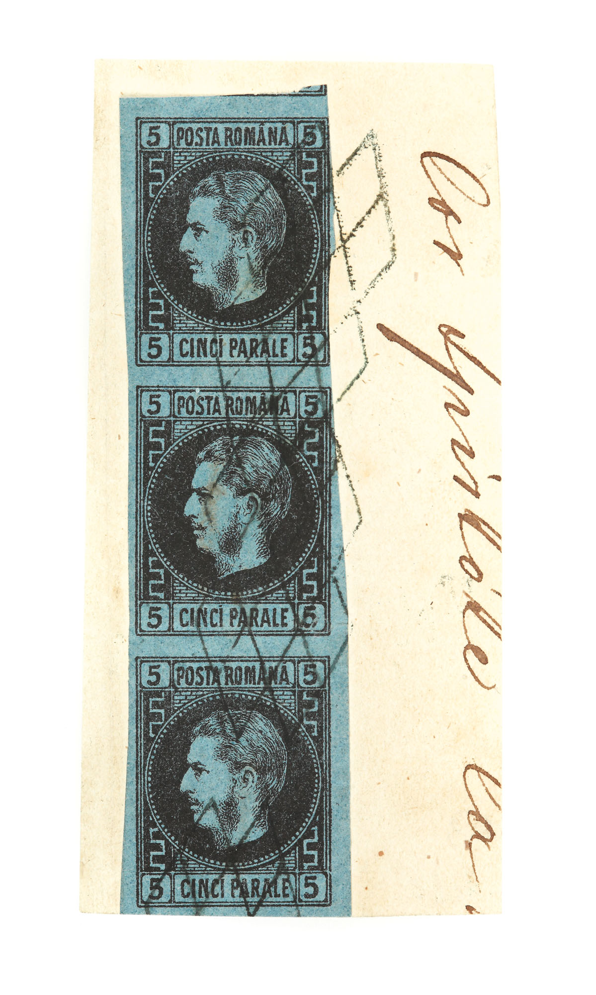Fragment of letter franked with a vertical stripe of 3 "Carol with sideburns" stamps, 5 parale each, 1867