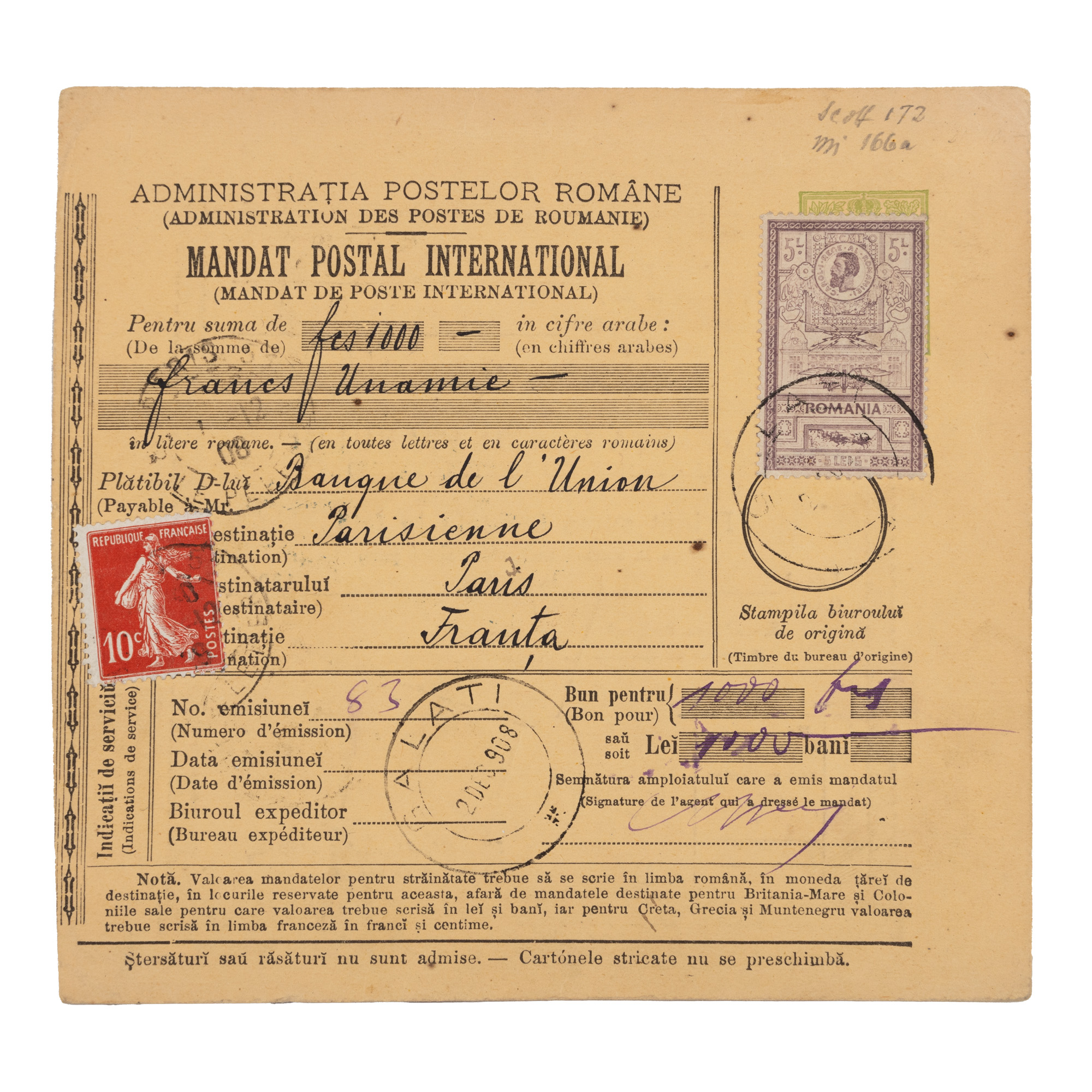 Mandat poștal internațional Galați-Paris, 1908, piesă de colecție
