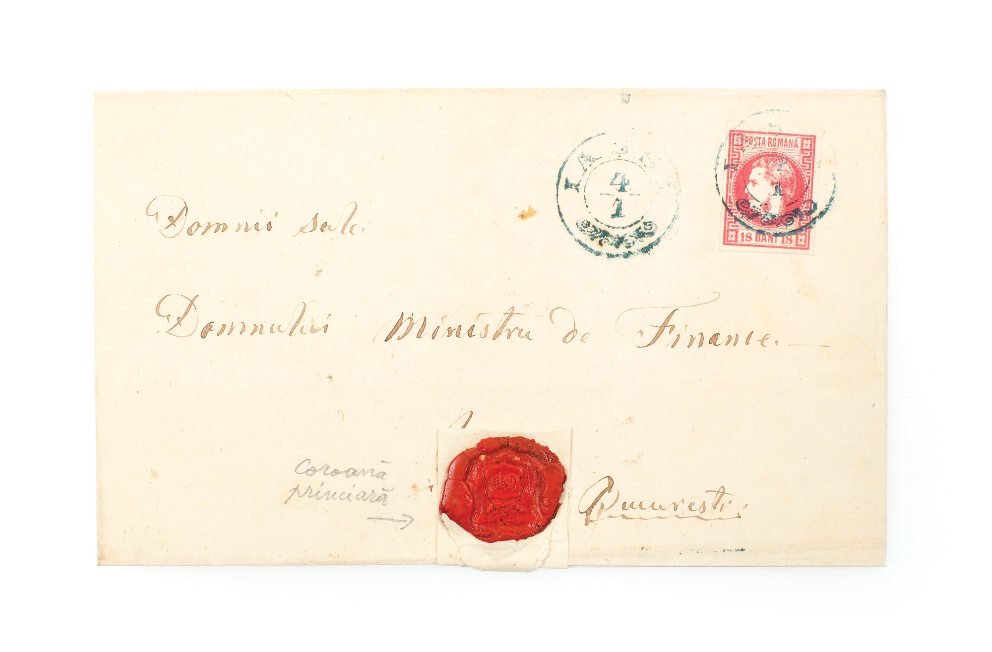 Envelope franked with a "Carol with sideburns" 18 bani stamp, 1868, sent from Iaşi to Bucharest