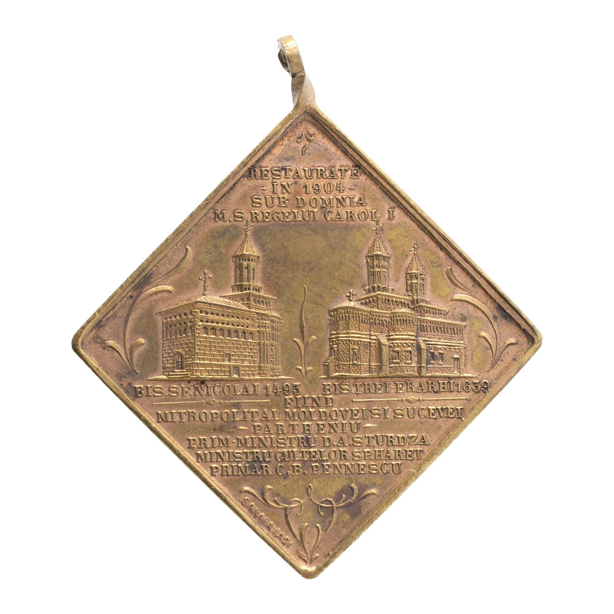 "Restoration of the St. Nicholas and Three Hierarchs Churches during the Reign of King Carol I" Medal, 1904, engraver Fany Șaraga