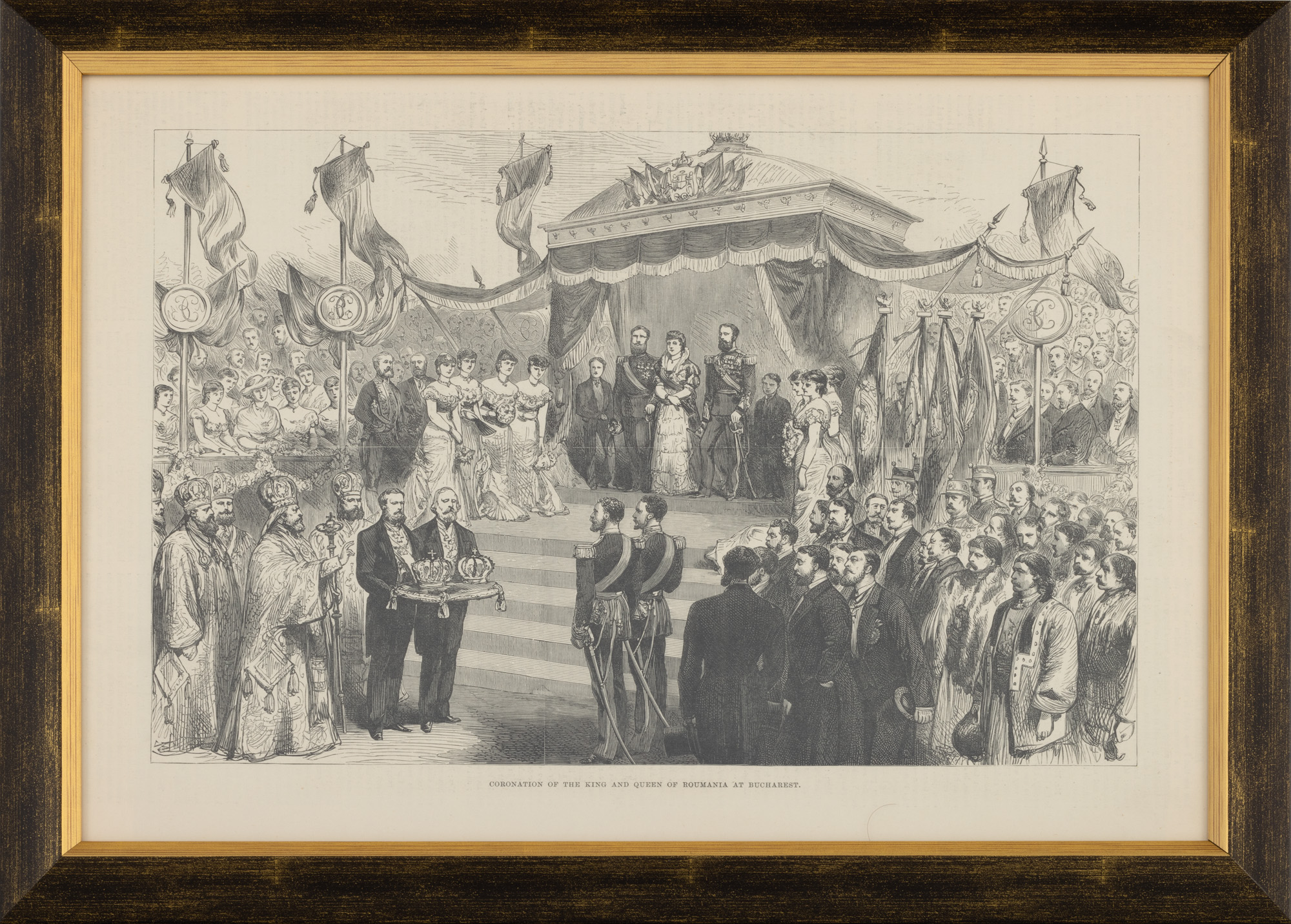 Ilustrație litografică de presă, încoronarea Regelui Carol I și a Reginei Elisabeta, 1881