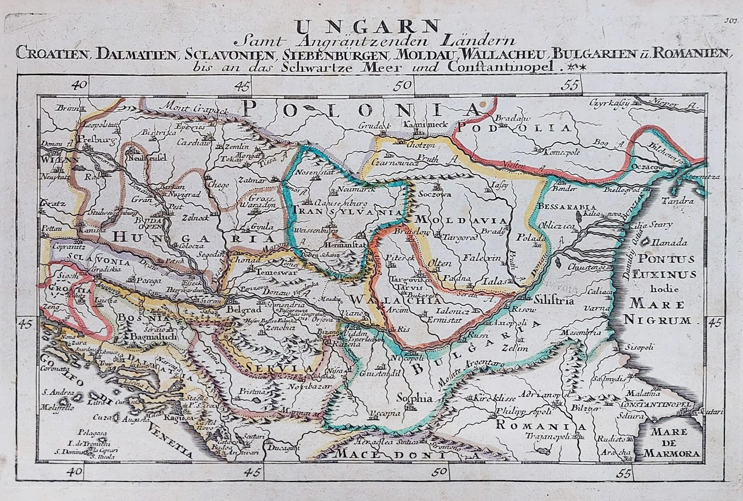 Hartă ”Ungaria”, alături de Țările Române, de Gabriel Bodenehr, Augsburg, 1720