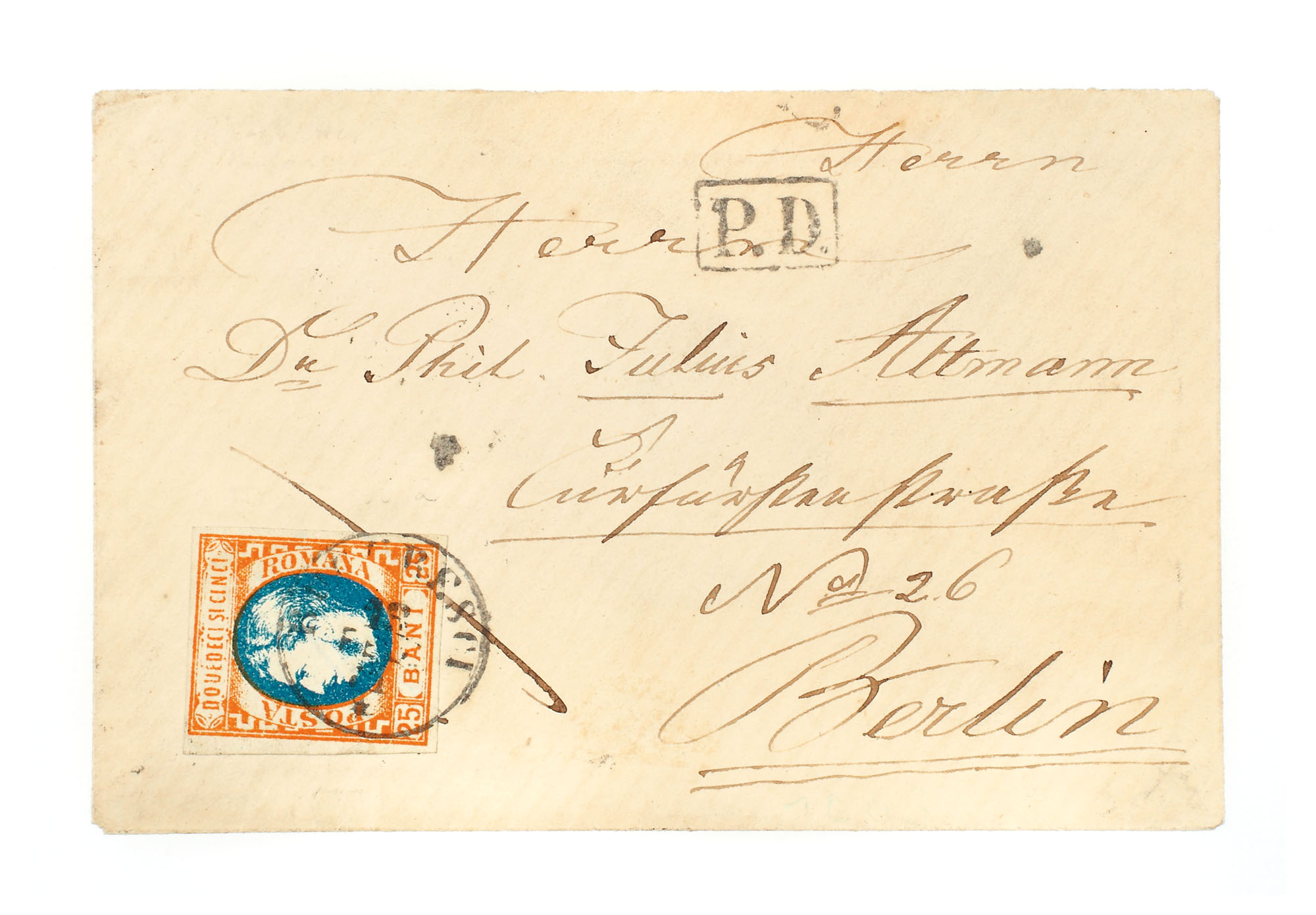 Envelope franked with a "Carol with sideburns" 25 bani stamp, 1869, sent from Bucharest to Berlin