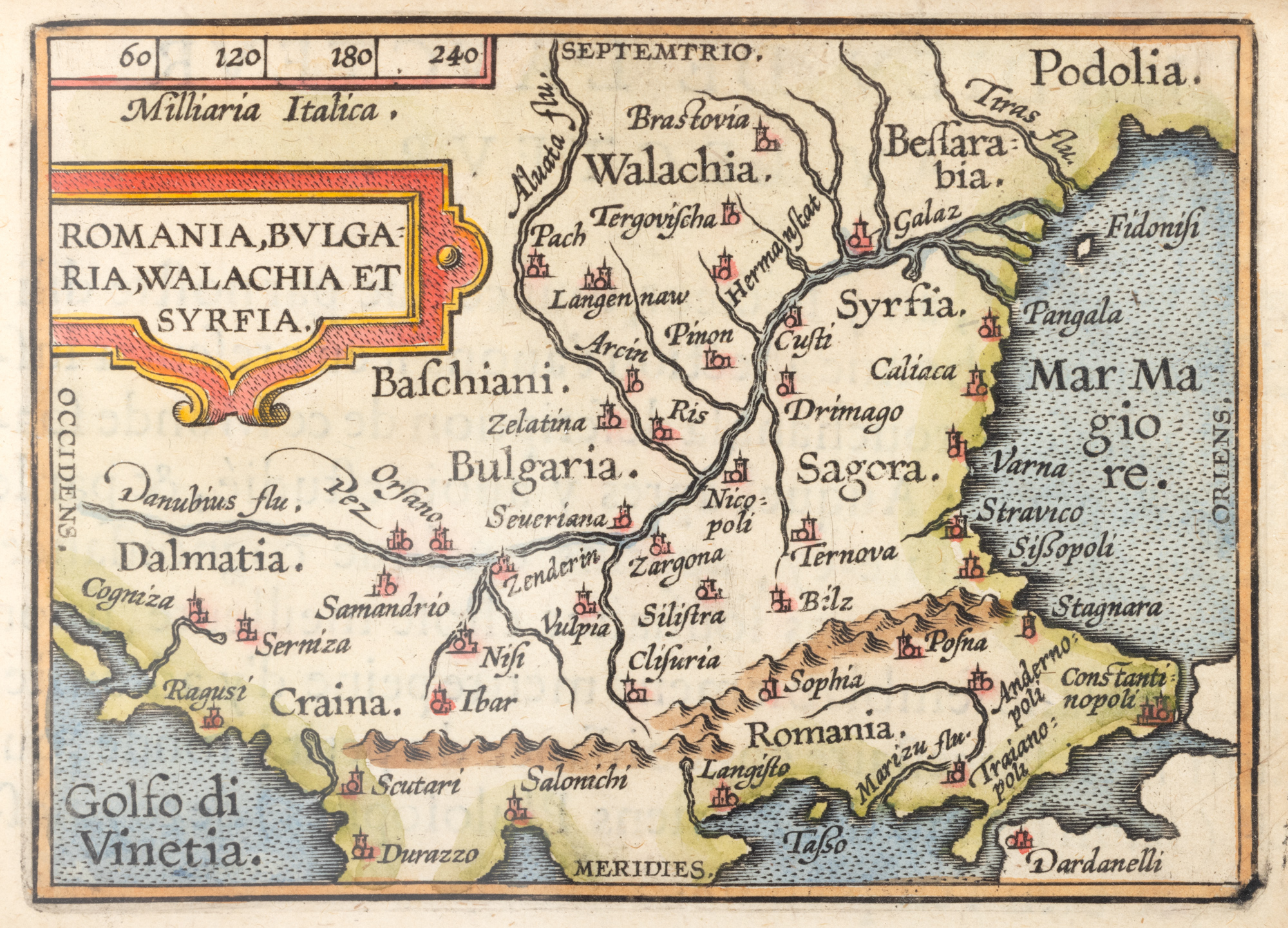 Hartă istorică ”Rumelia, Bulgaria, Valahia și Sirfia”, de Abraham Ortelius, ediţia Orbis Terrarum, Antwerp, 1602