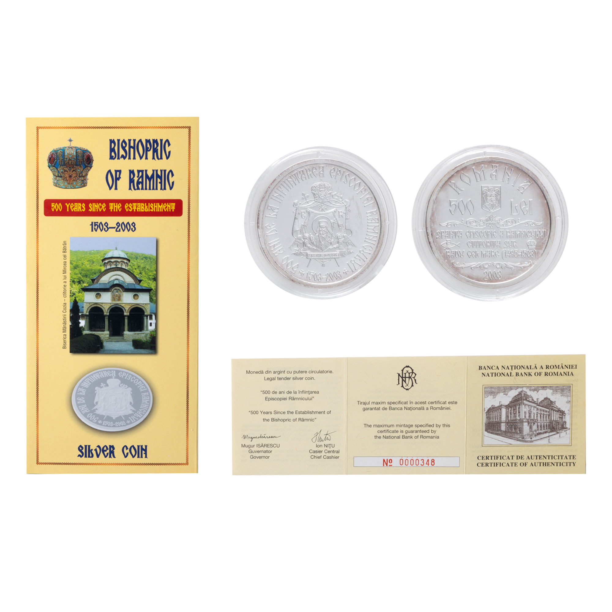 Commemorative BNR coin, 500 years since the establishment of the Bishopric of Râmnic, silver, accompanied by certificate and brochure
