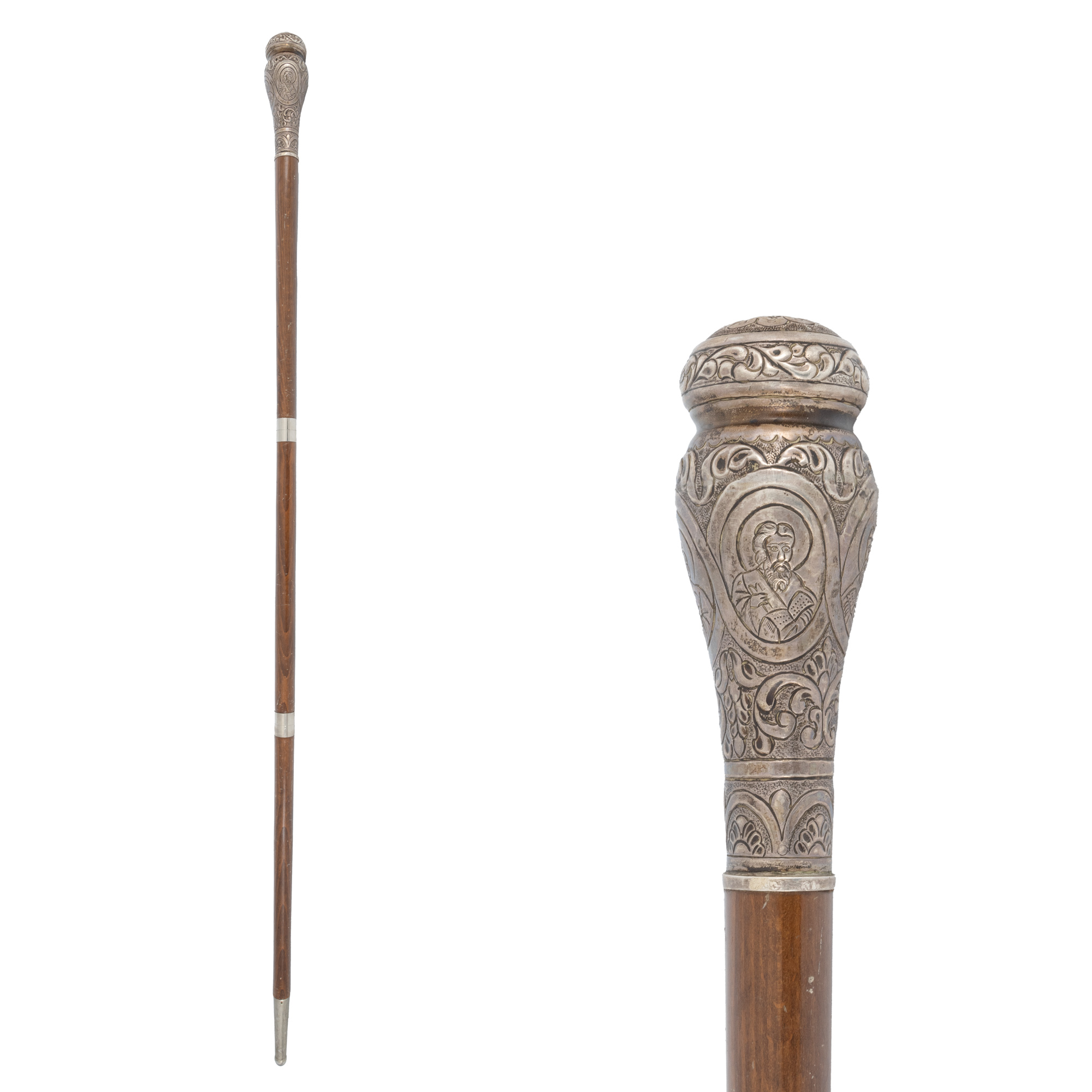 Cârjă arhierească, cu mâner din argint decorat cu chipurile celor patru Evangheliști și motive vegetale, atelier românesc, sec. XIX, piesă rară, de colecție