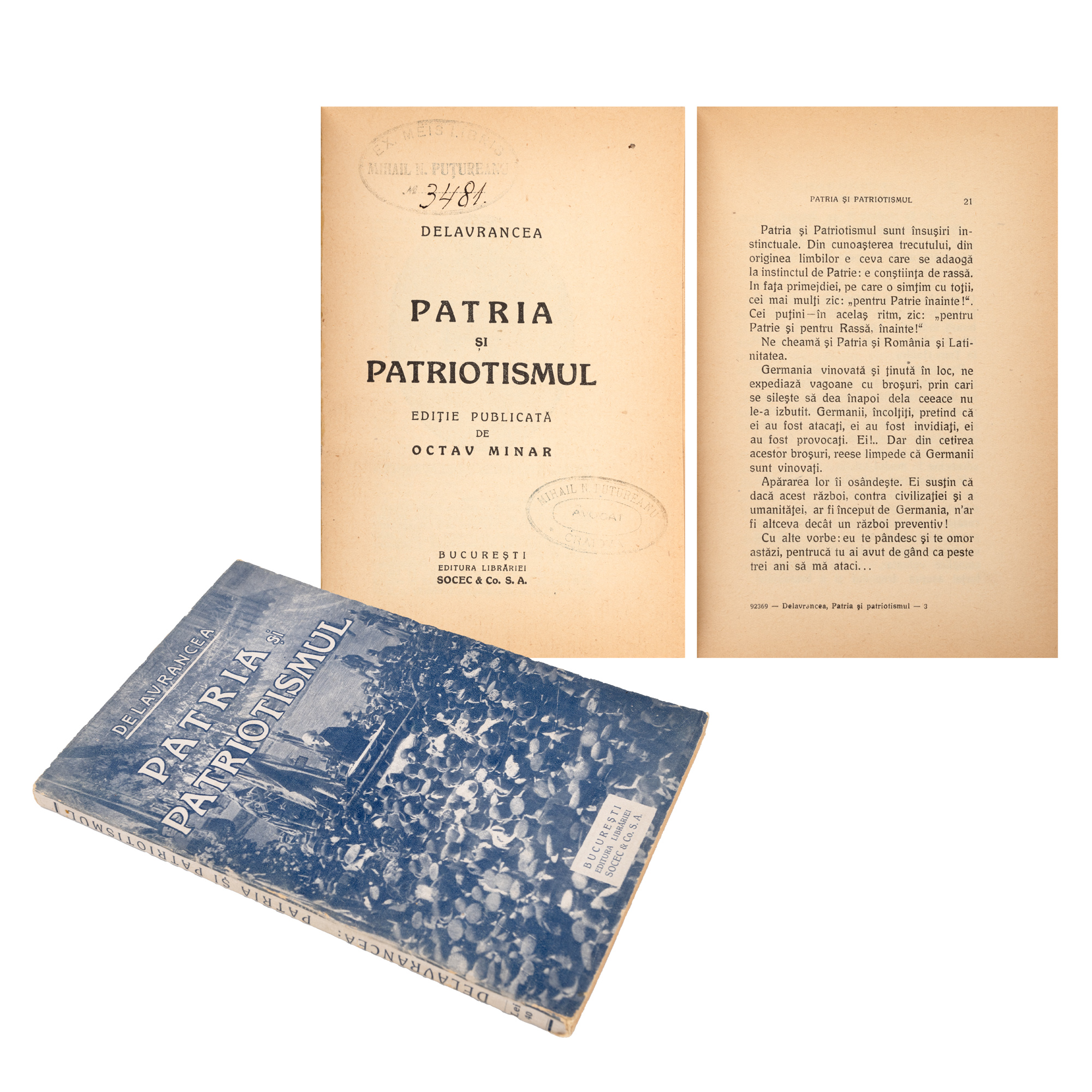 "Homeland and Patriotism", by Barbu Ștefănescu Delavrancea, Bucharest, 1928, with ex-libris, uncut copy