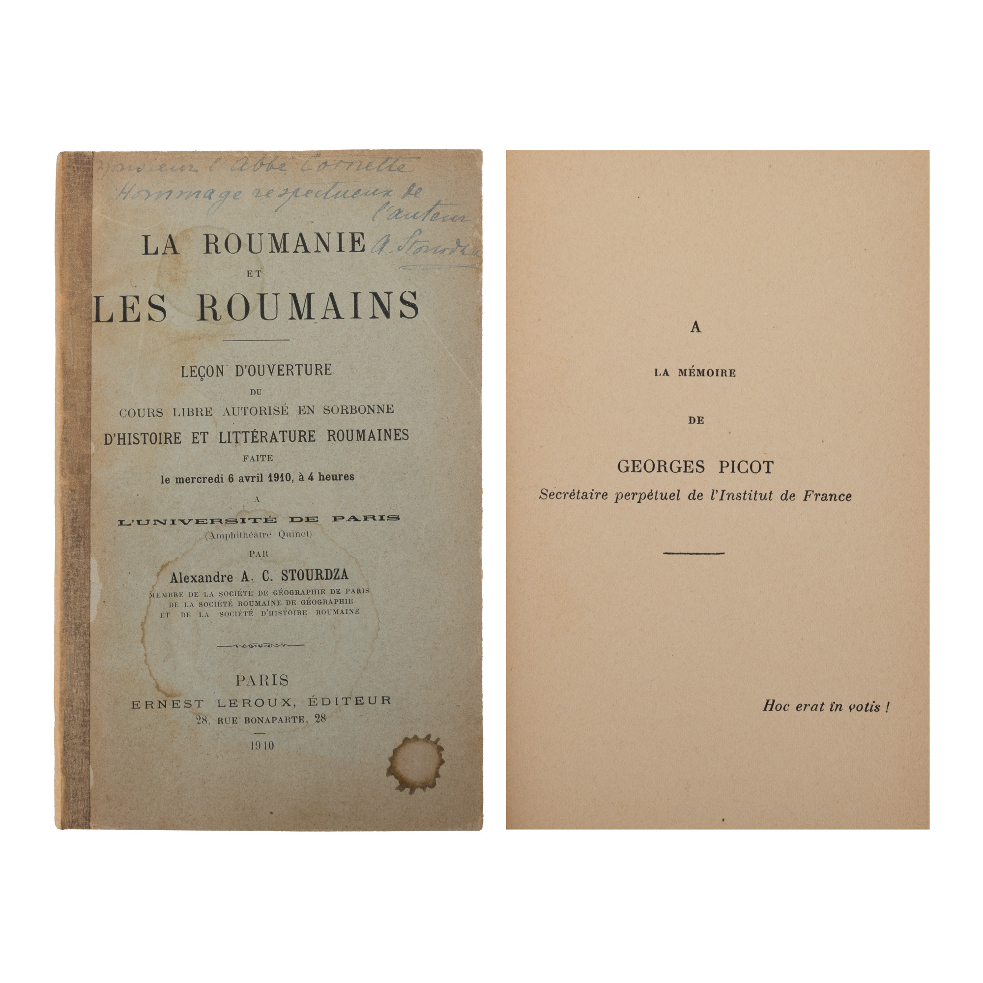 ”România și românii”, de Alexandru A.C. Sturdza, franceză, Paris, 1910, cu dedicația olografă a autorului, alături de cartea sa de vizită cu o însemnare olografă