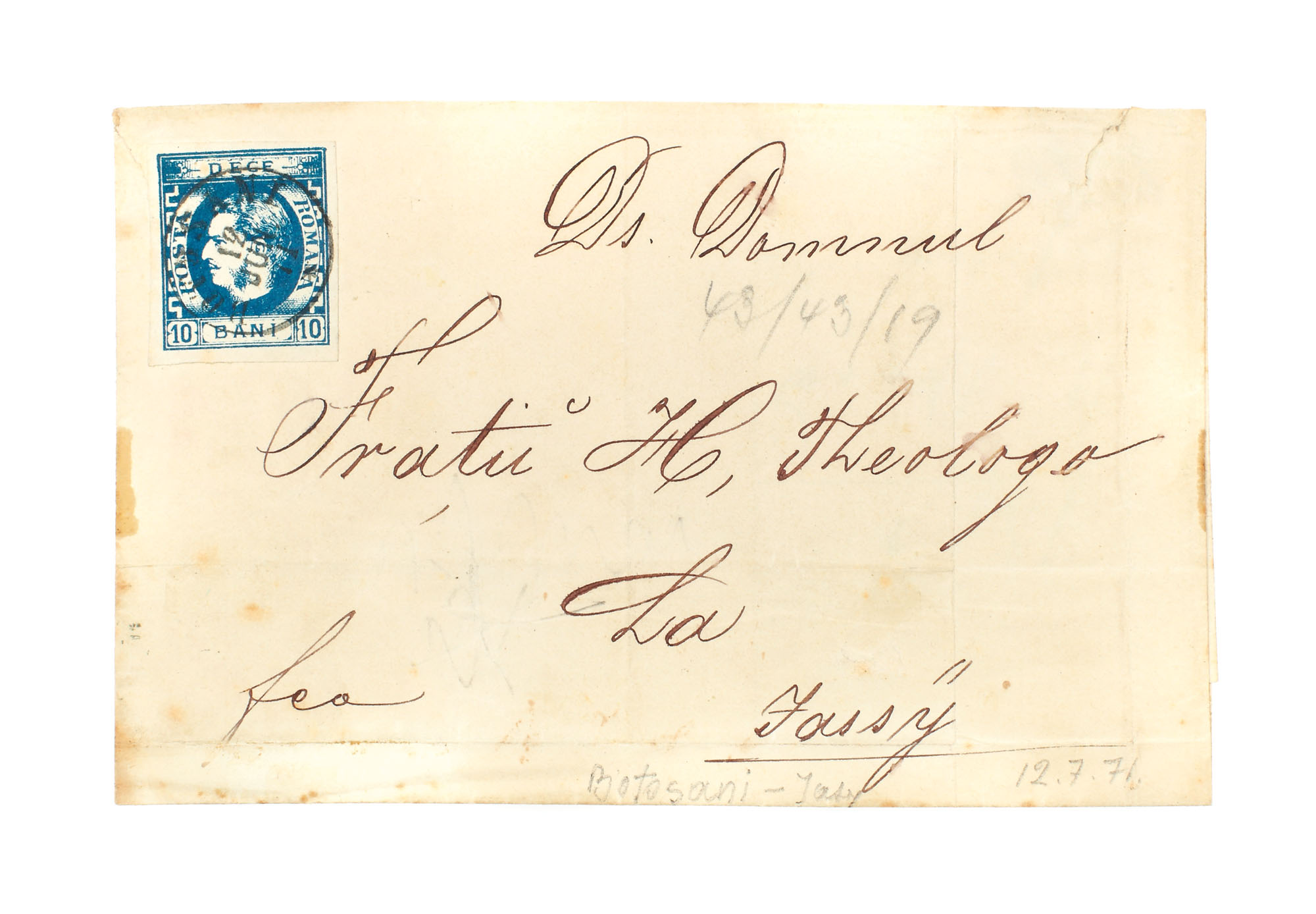 Envelope franked with a "Carol with sideburns" 10 bani stamp, sent from Botoşani to Iaşi, 12 July 1871