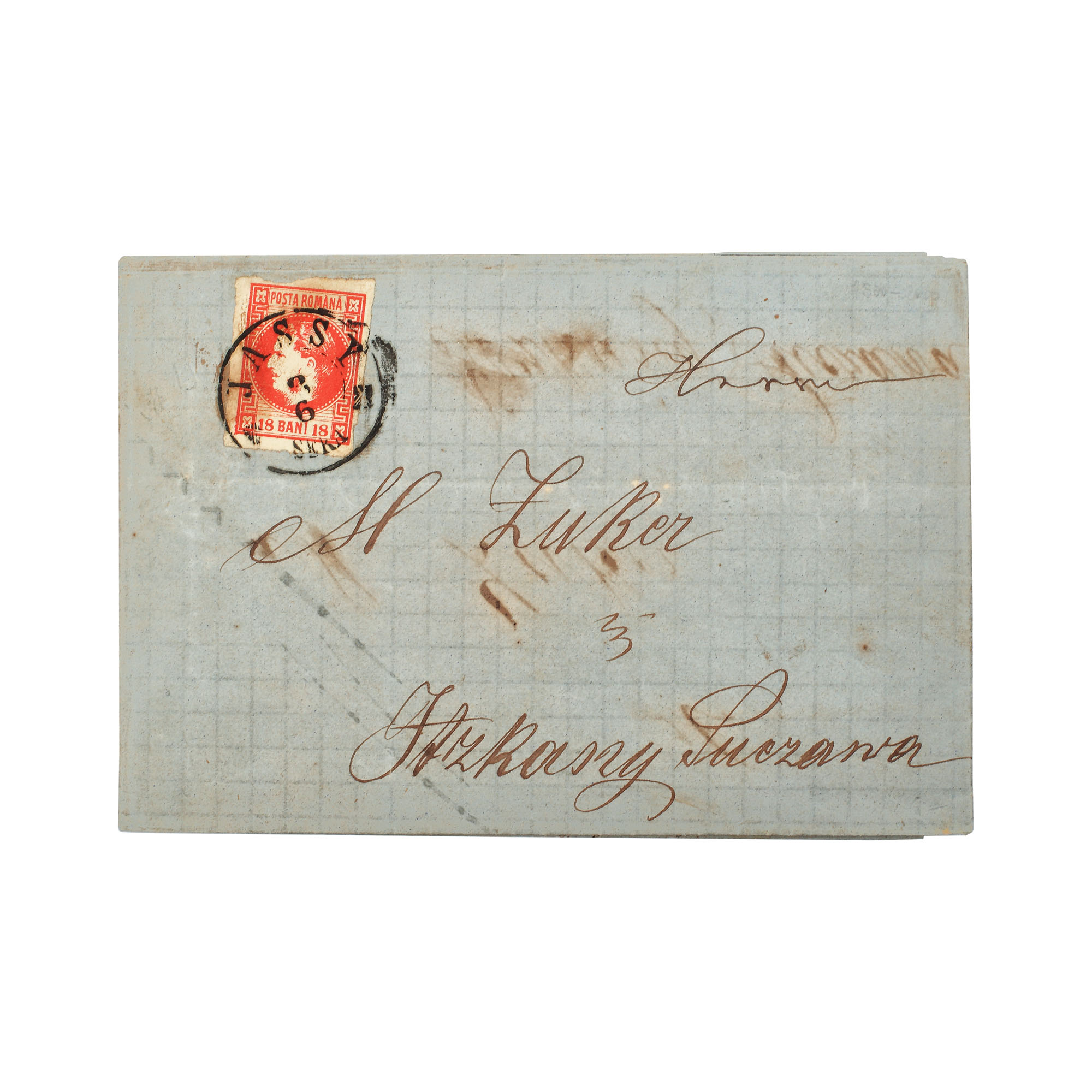 Letter franked with a "Carol with sideburns" 18 bani stamp, sent from Iaşi to Itzkany, 8 June 1870