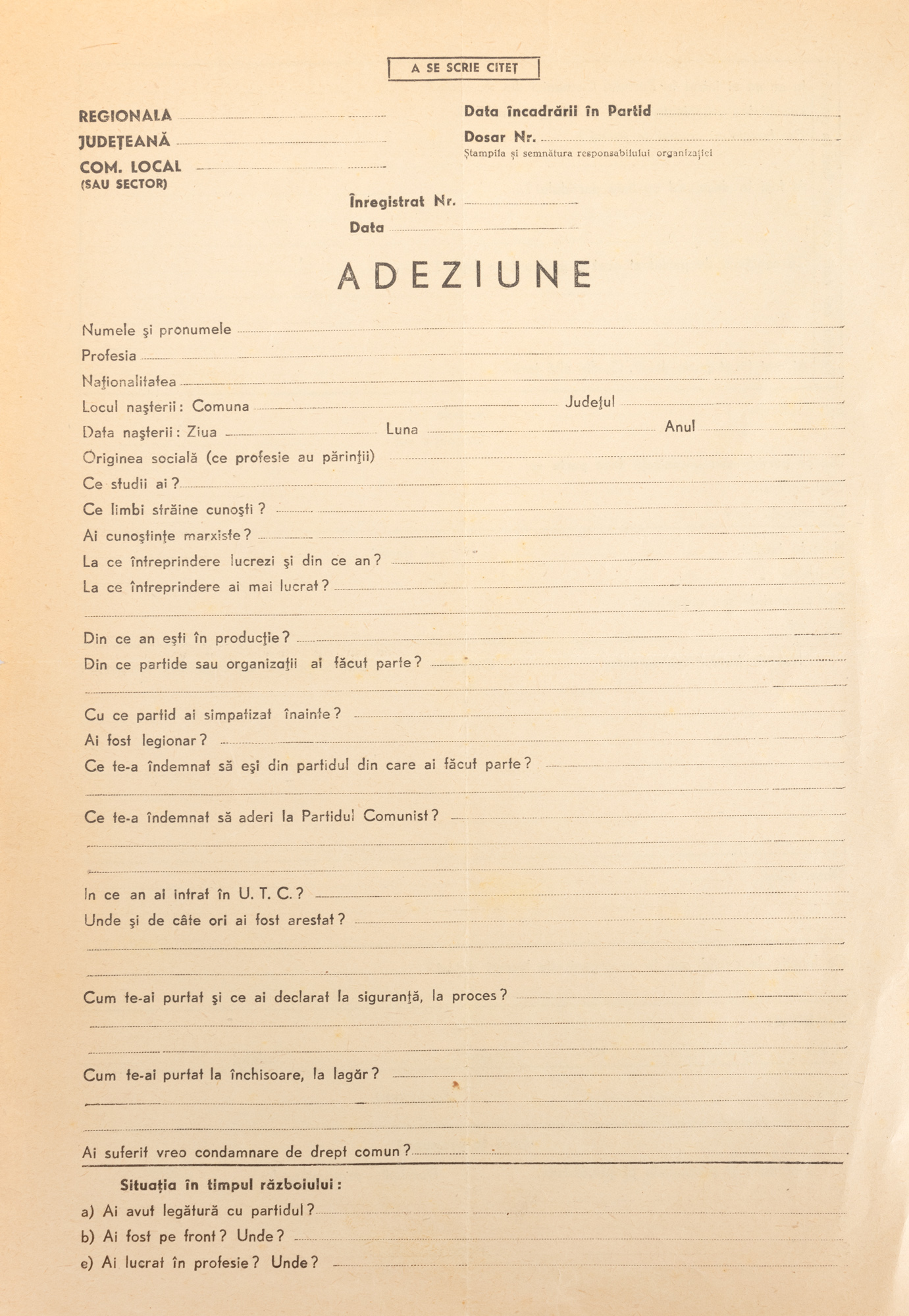 Formular/adeziune de înscriere în Partidul Comunist Român, cca. 1948