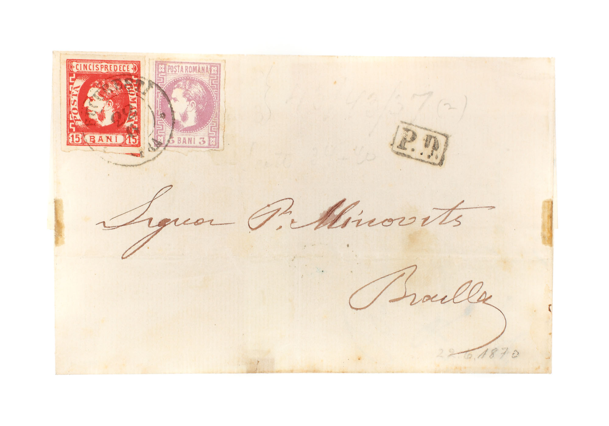 Envelope franked with two "Carol with sideburns" stamps, 3 and 15 bani, sent from Bucharest to Brăila, 22 June 1870