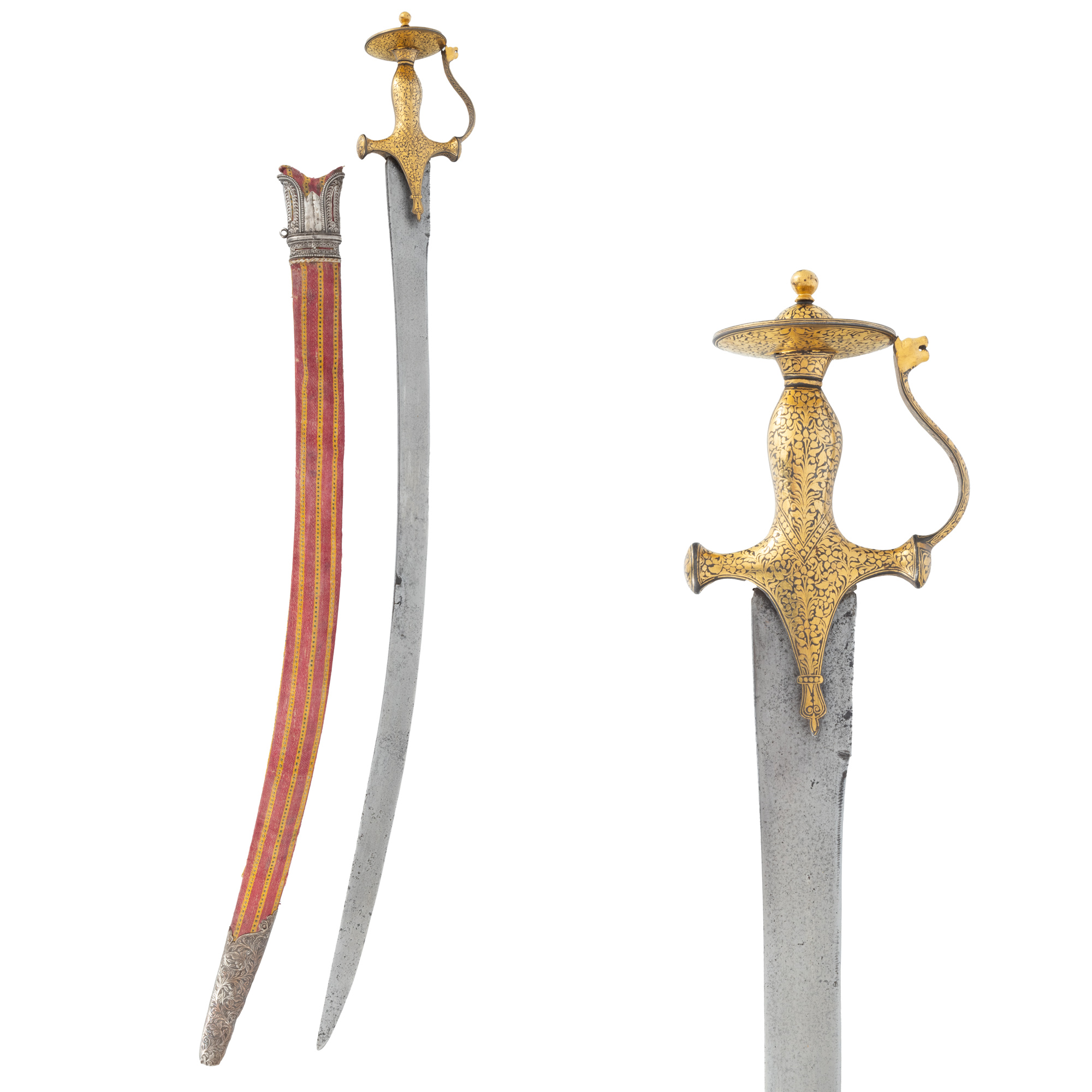 Talwar Sword, with gold koftgari and sheath covered in silk and silver fittings, India, 19th century
