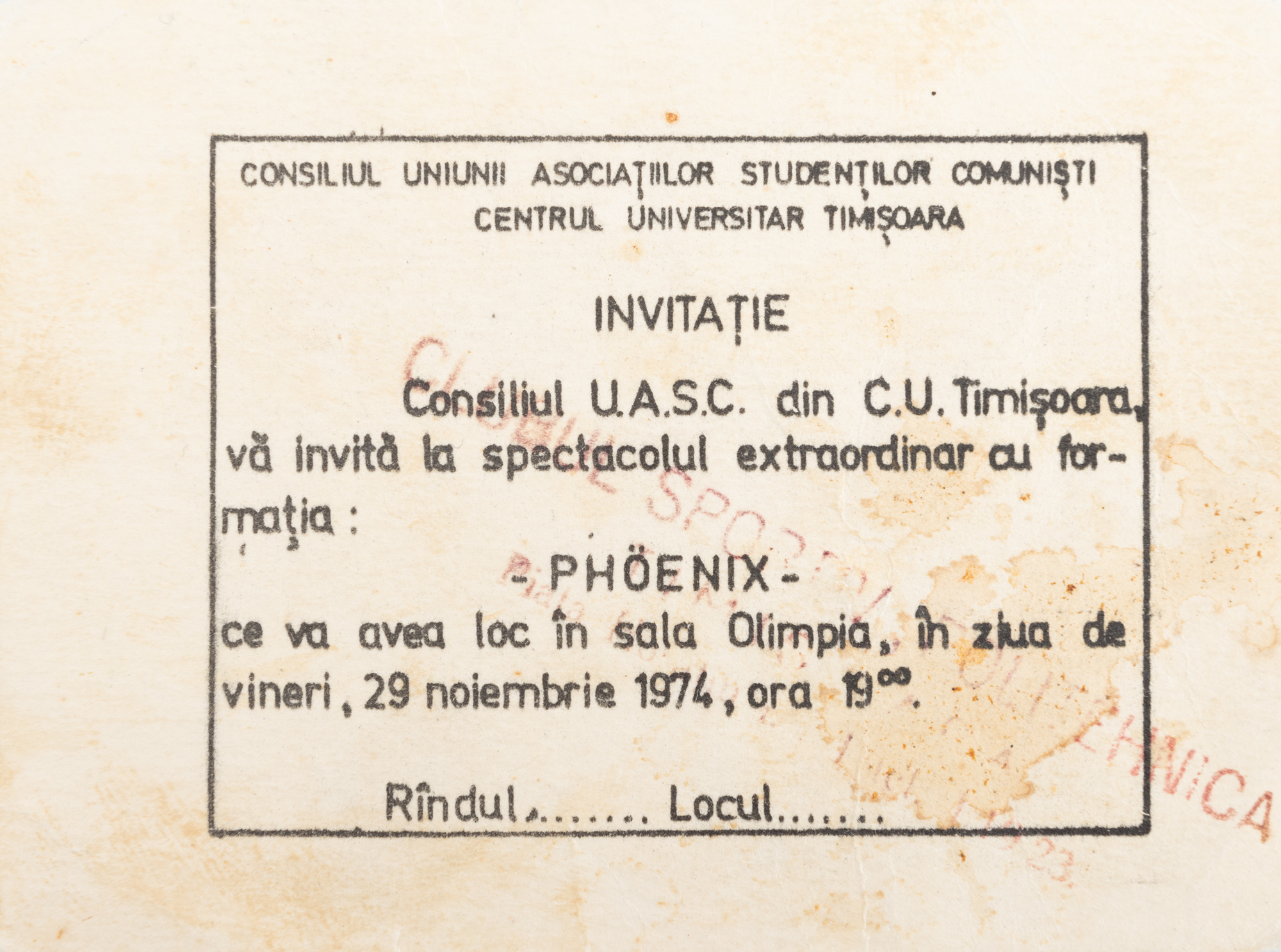 Invitație la spectacolul formației Phoenix, Consiliul Uniunii Asociațiilor Studenților Comuniști, Timișoara, 29 noiembrie 1974