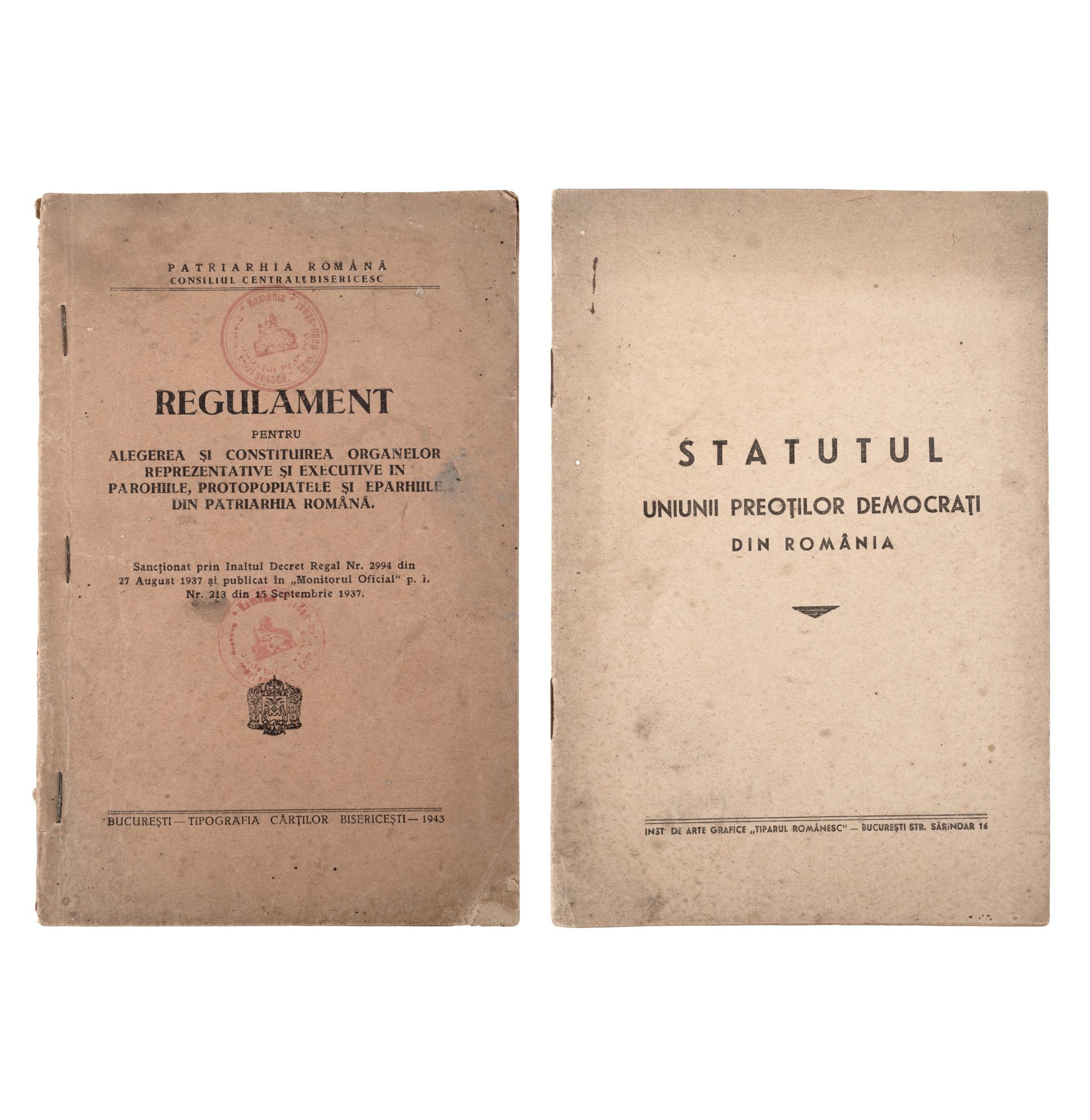 Lot format din ”Statutul Uniunii Preoților Democrați din România”, București, 1945, și ”Regulament pentru alegerea și constituirea organelor reprezentative și executive în parohiile, protopopiatele și eparhiile din patriarhia română”, București, 1943