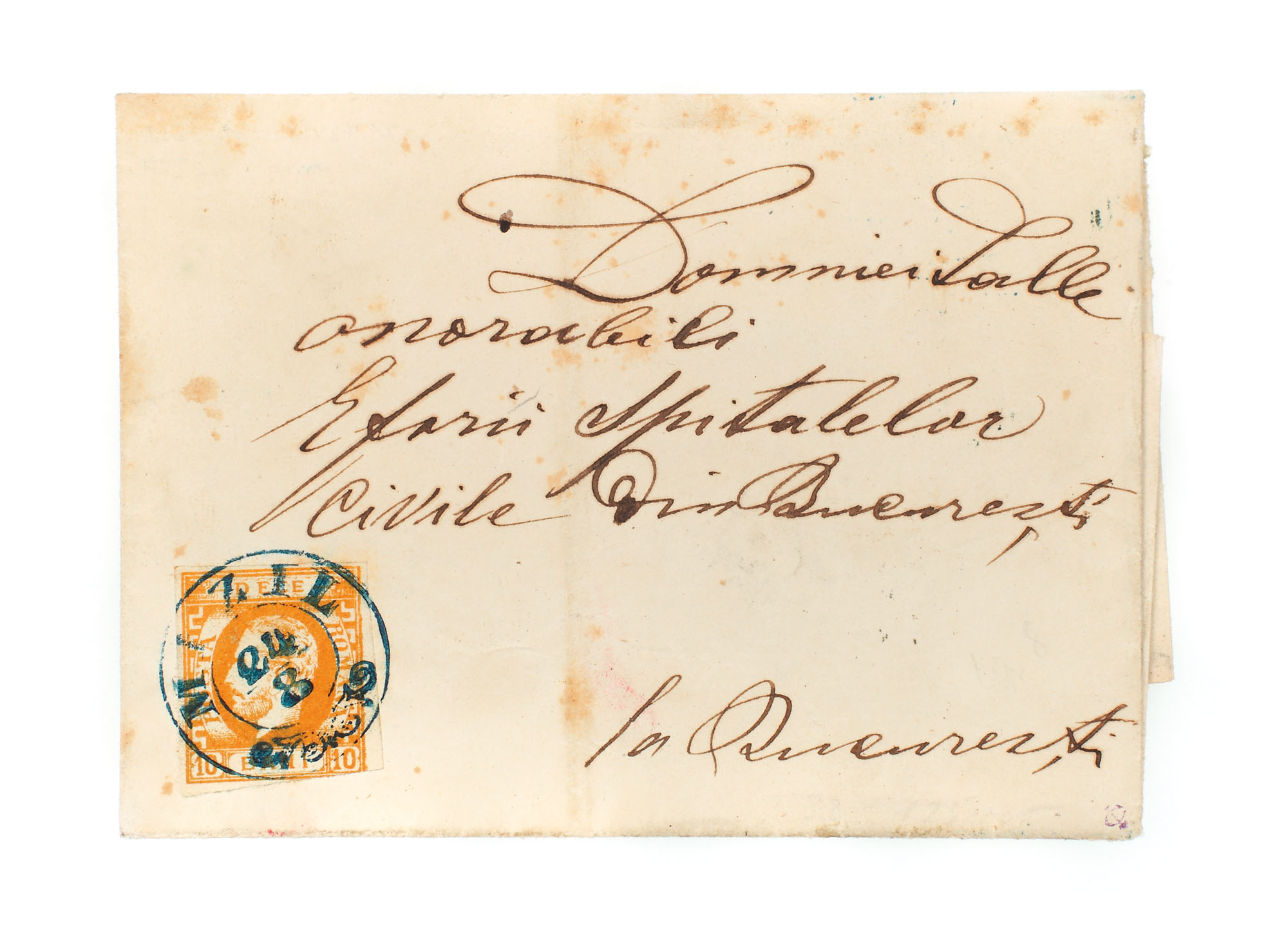 Envelope franked with a "Carol with beard" 10 bani stamp, 1871, sent from Mizil to Iaşi