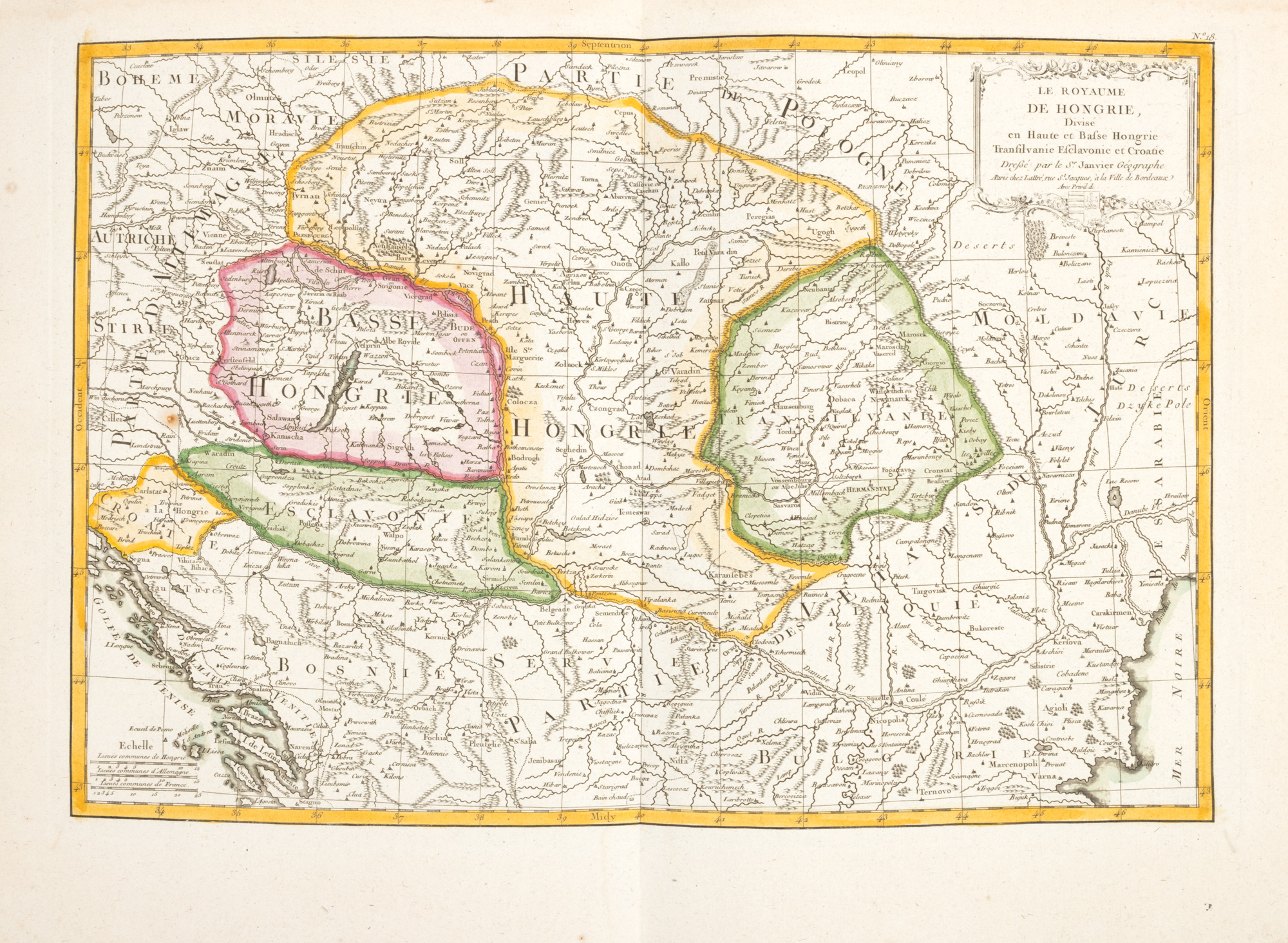 Hartă "Regatul Ungariei împărțit în Ungaria Superioară și Inferioară, Transilvania, Sclavonia și Croația", de Jean Janvier, Paris, 1783