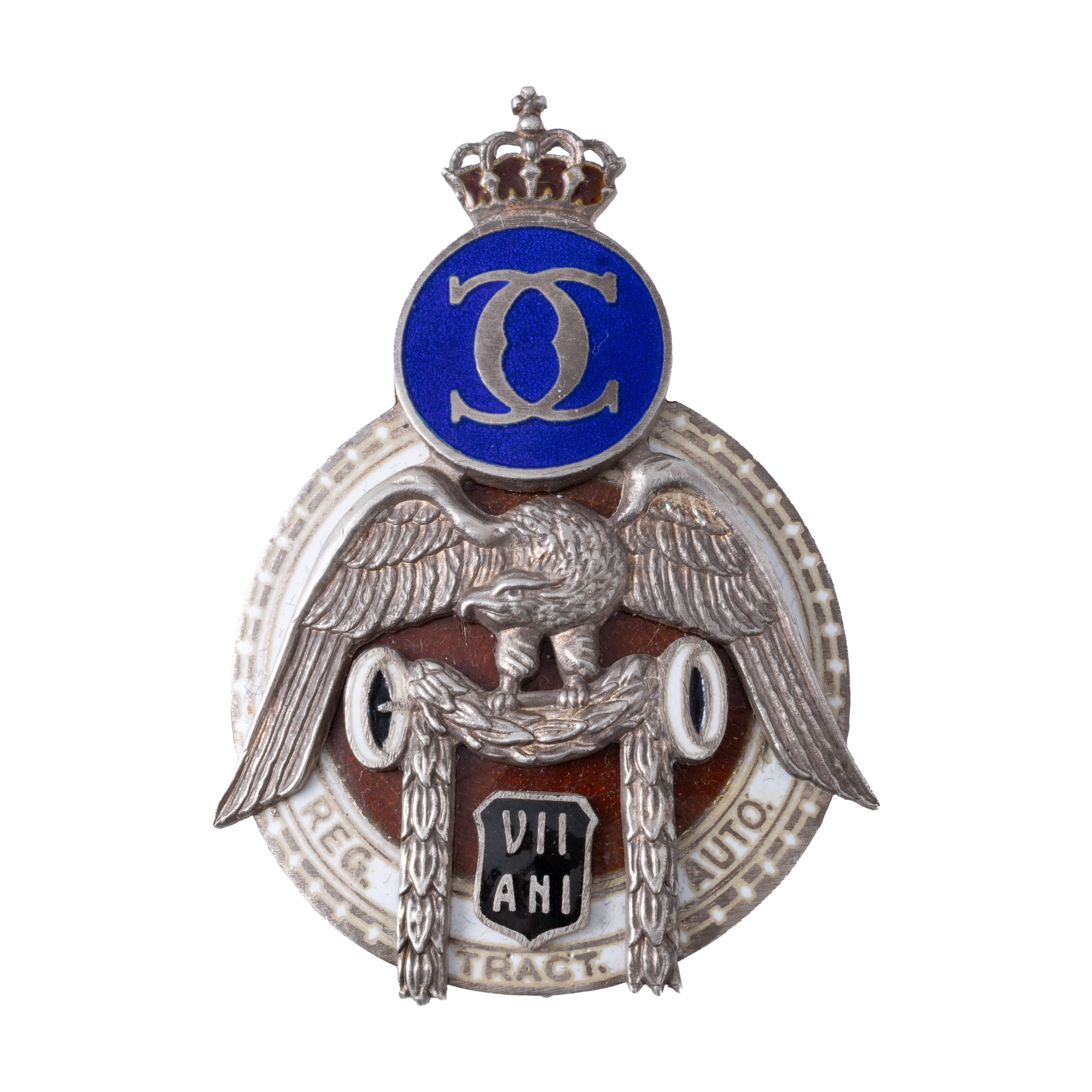 Insignă, 7 ani de serviciu, pentru ofițeri, Regimentul Tractări Auto, argint, perioada interbelică, piesă rară