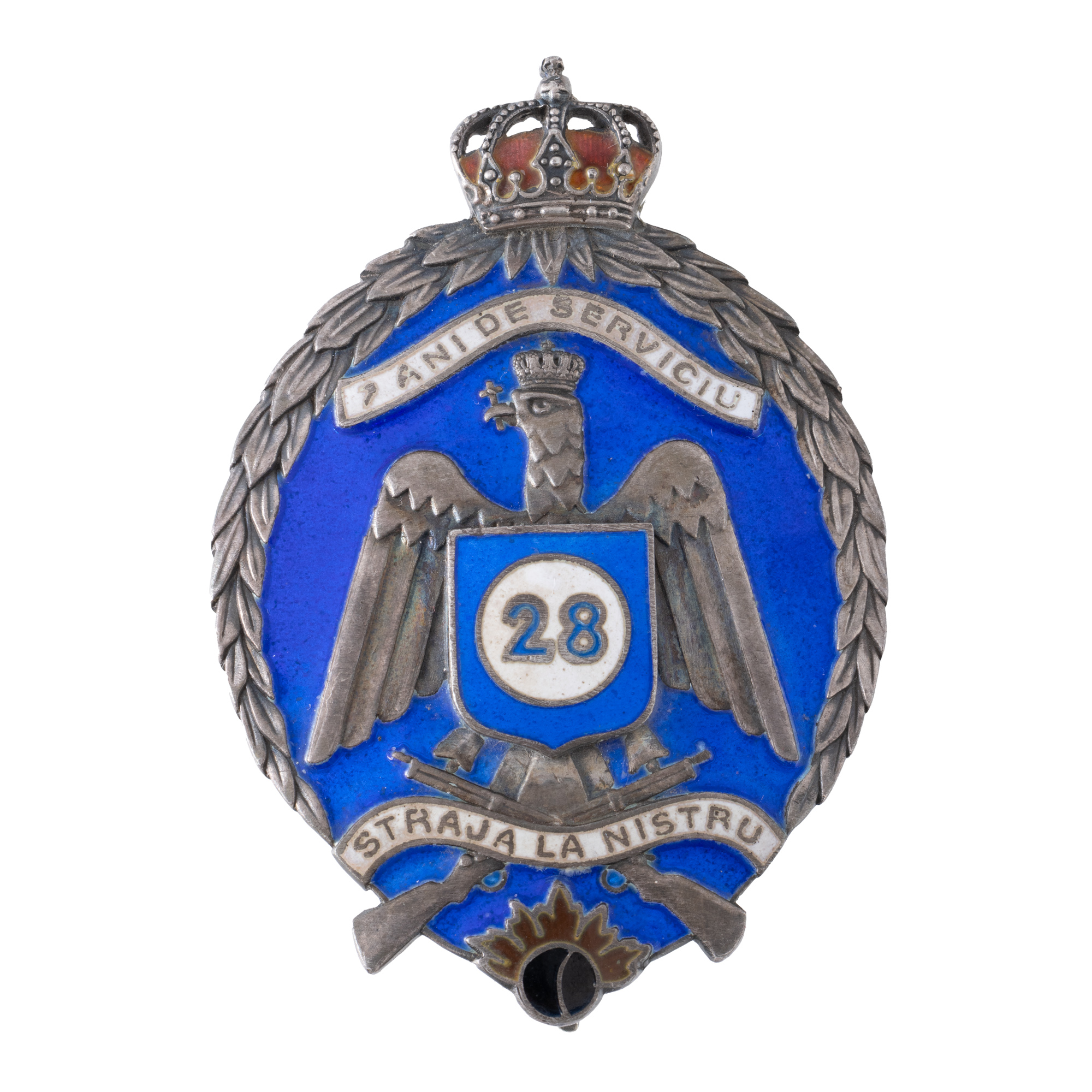 Badge, 7 years of service, for officers, 28th Infantry Regiment "Radu Negru" Pitesti, silver, interwar period