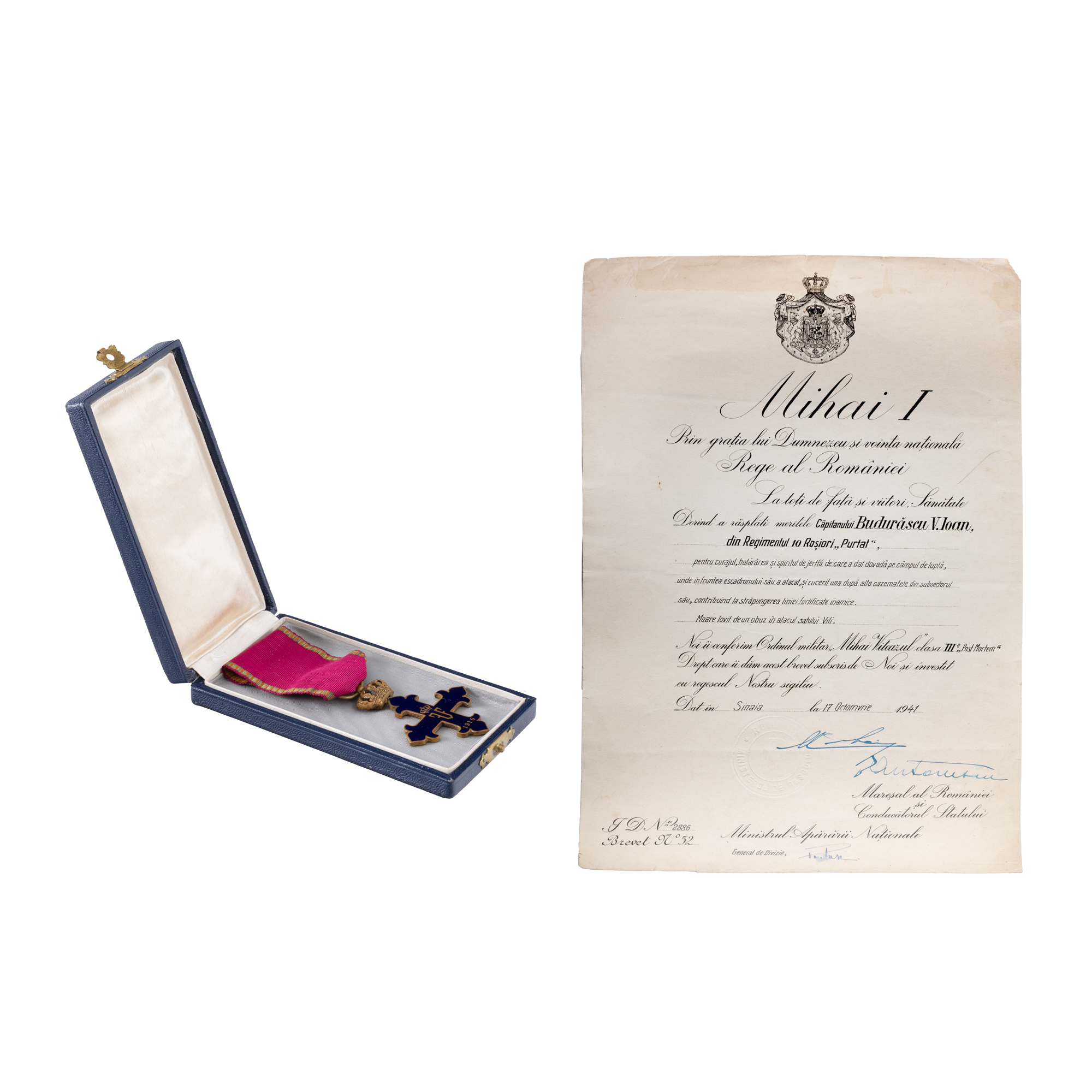 Ordinul ”Mihai Viteazul”, clasa III, model 1941, însoțit de brevetul semnat olograf de Regele Mihai I și Mareșalul Ion Antonescu, în cutia originală