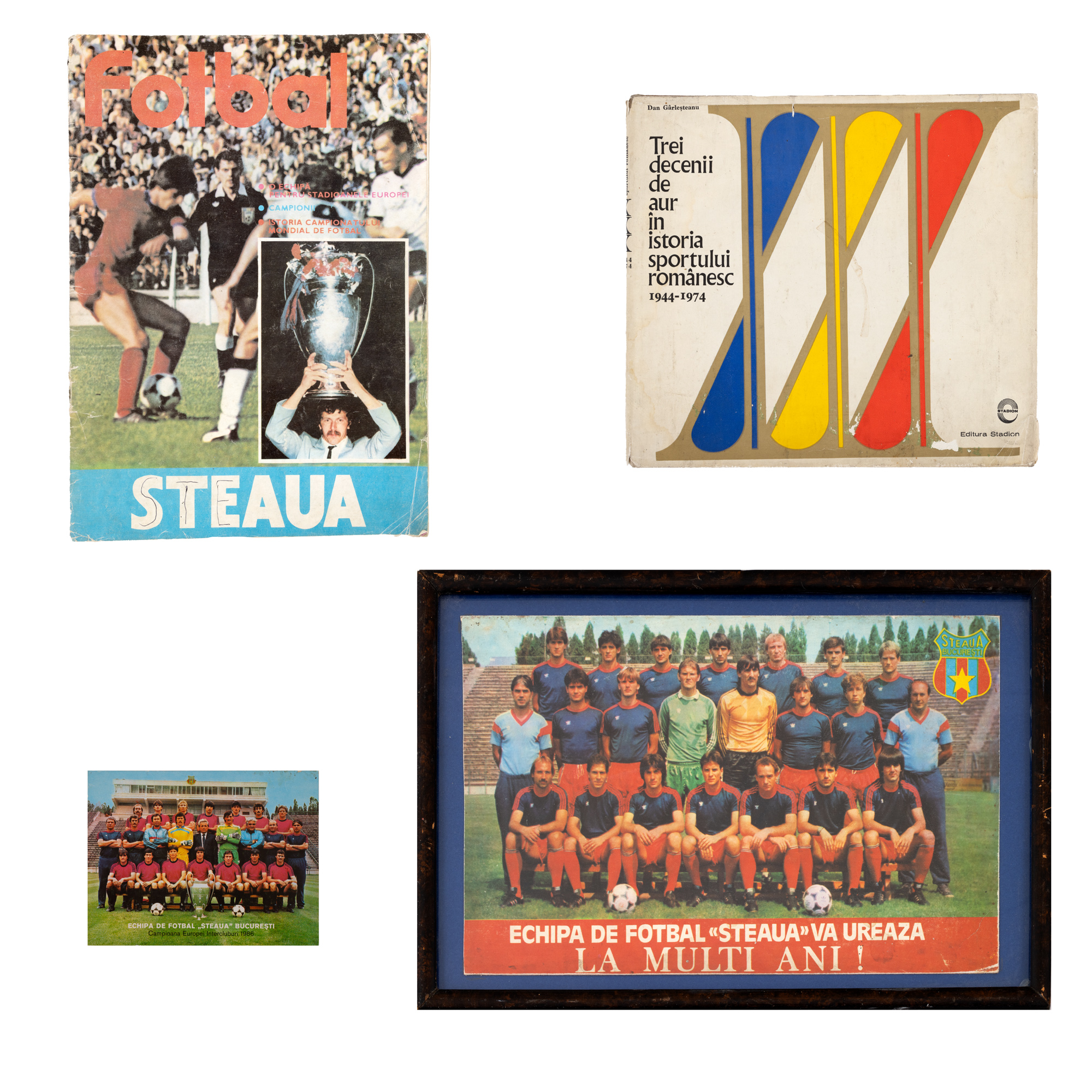 Lot consisting of an advertising poster with the "Steaua" team, approx. 1985, a photographic postcard with the "Steaua" team, 1986, the "Fotbal" magazine, 1986 and the album "Three golden decades in the history of Romanian sport 1944-1974", by Dan Gârleșteanu, Bucharest, 1974.