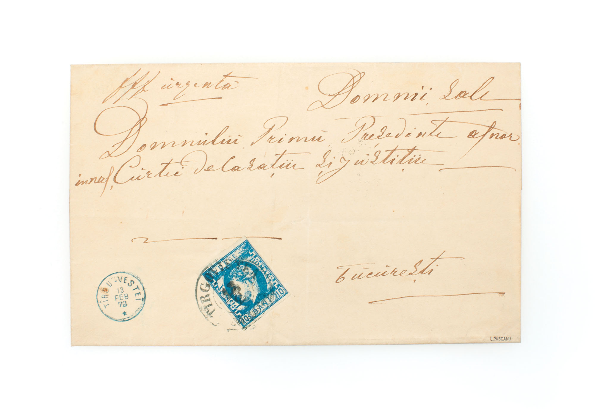 Envelope franked with a "Carol with beard" 10 bani stamp, sent from Tîrgovişte to Bucharest, 13 February 1872
