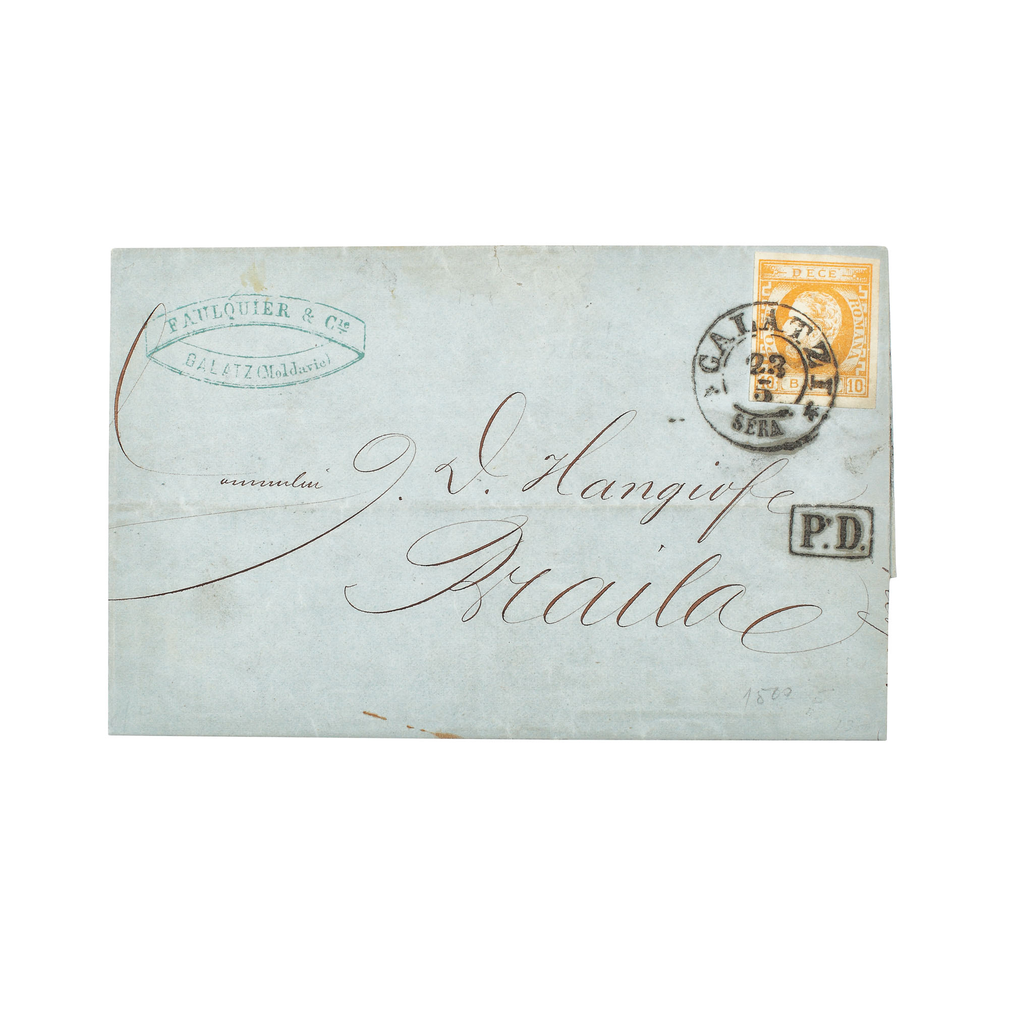 Letter franked with a "Carol with beard" 10 bani stamp, sent from Galaţi to Brăila, 23 May 1871