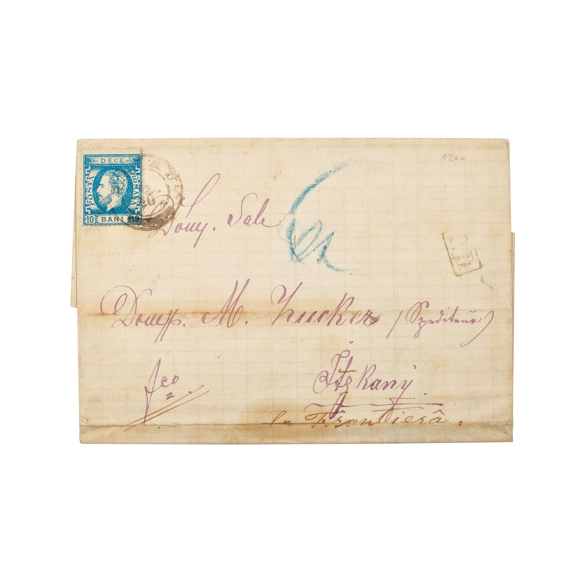 Scrisoare francată cu timbru "Carol cu barbă", valoare 10 bani, trimisă de la Bacău la Itzkany, 6 oct. 1872