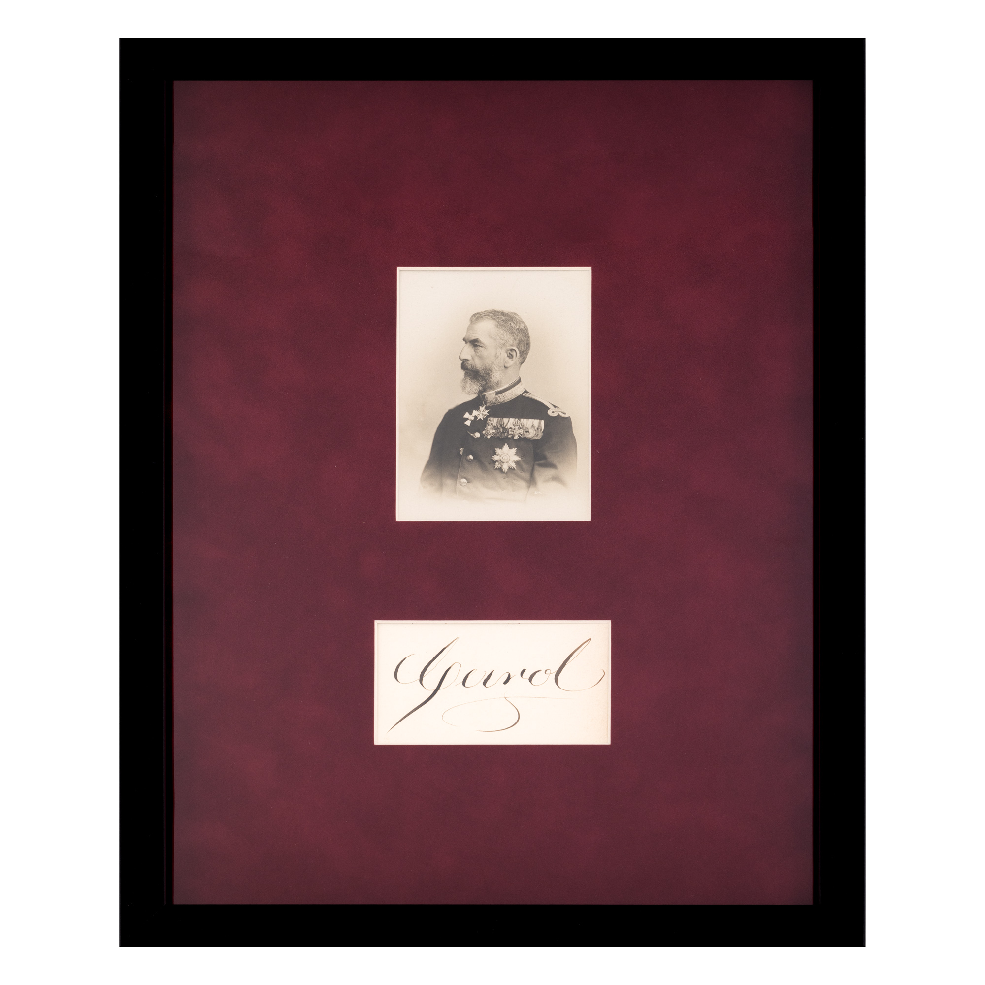 Lot format din carte poștală fotografică ilustrându-l pe Regele Carol I, cca. 1897, și semnătura olografă a regelui