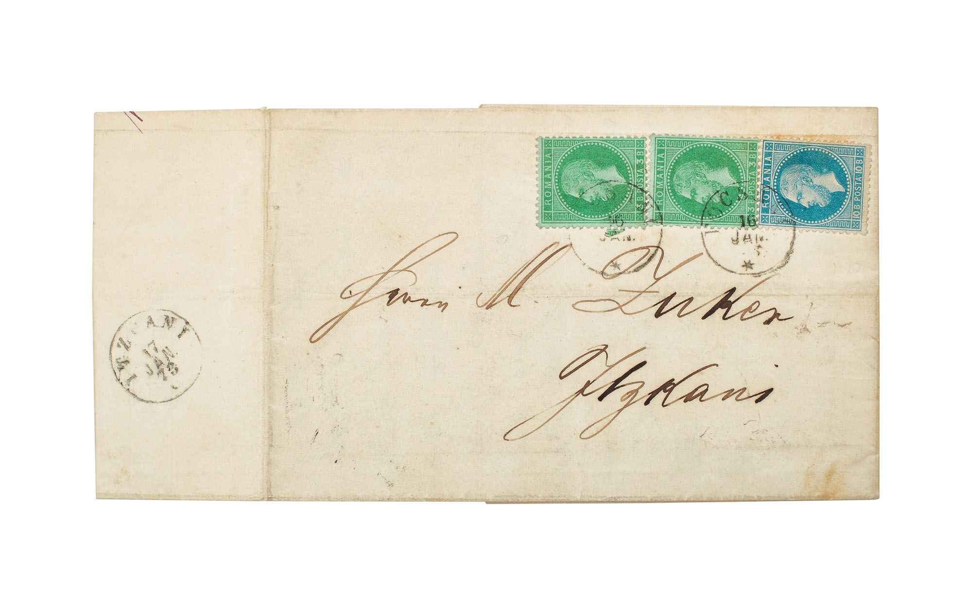 Letter franked with three "Paris Issue" stamps of 3 and 10 bani, sent from Focşani to Itzkany, 16 January 1873