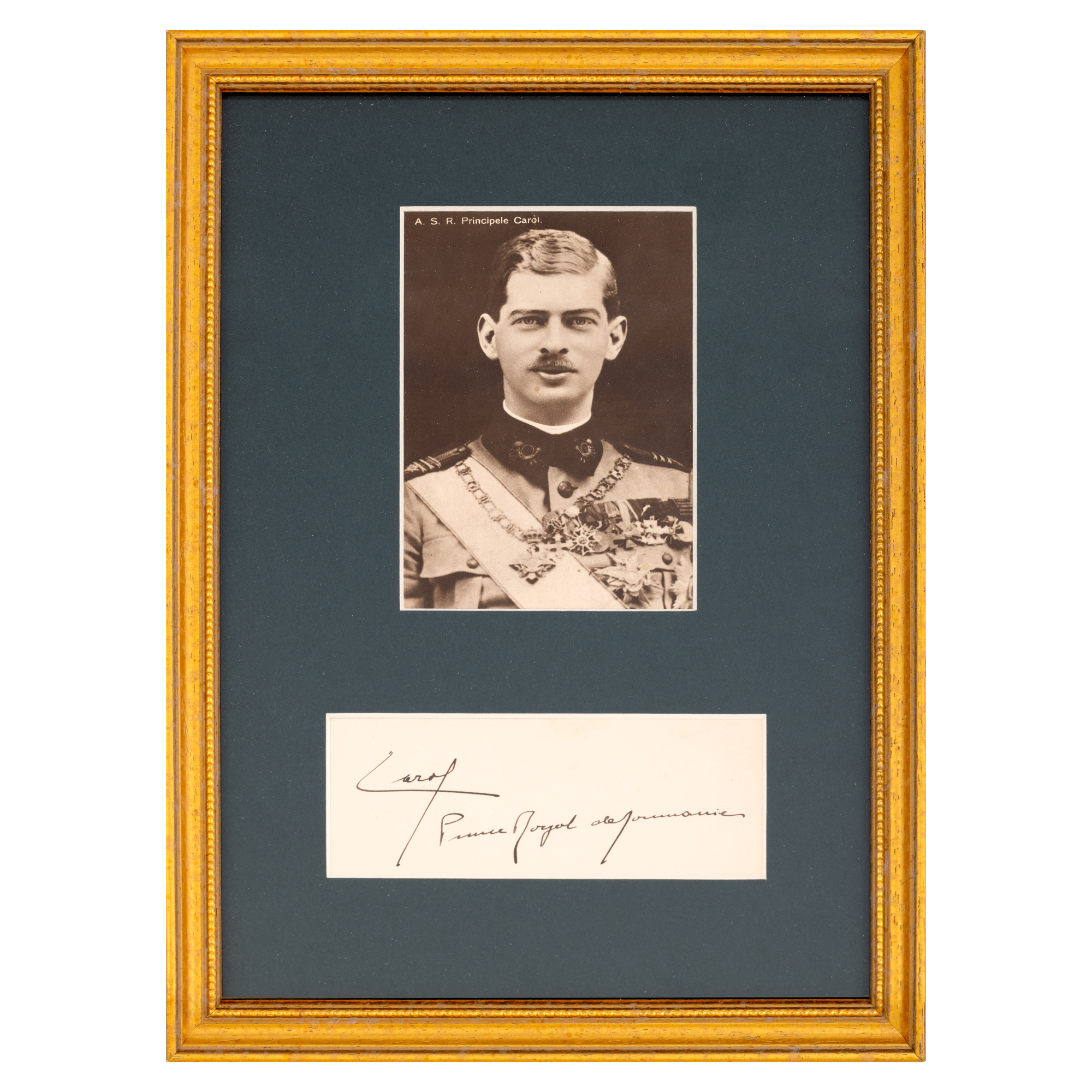 Lot consisting of photographic postcard illustrating Prince Carol, cca. 1925, and the handwritten signature of the prince