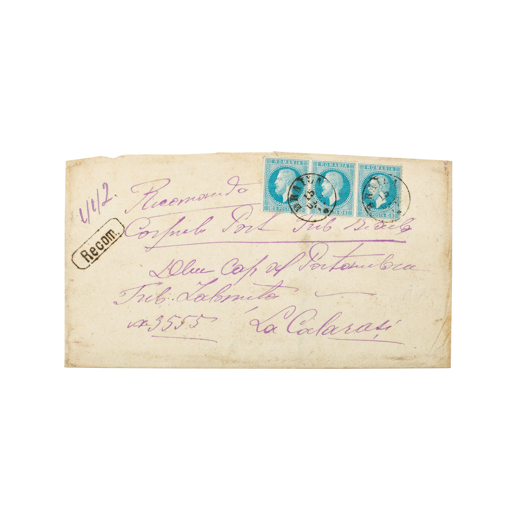 Letter franked with three "Paris Issue" stamps, 10 bani each, sent from Bucharest to Călăraşi, 19 October 1877 