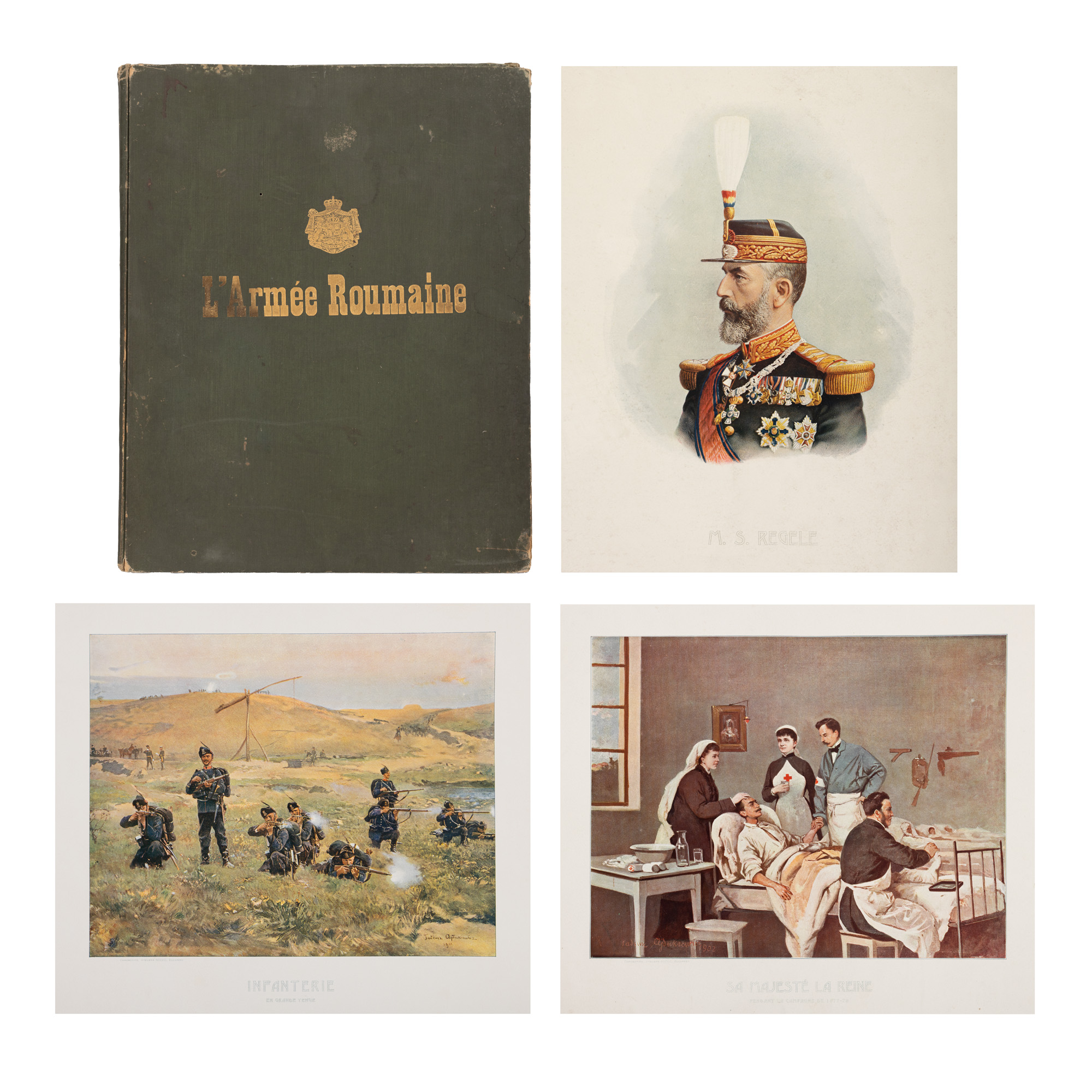 Albumul Armatei Române, cu reproduceri cromolitografice și o litografie color după lucrările lui Tadeusz Ajdukiewicz, franceză, 1903, provine din colecția familiei Boerescu