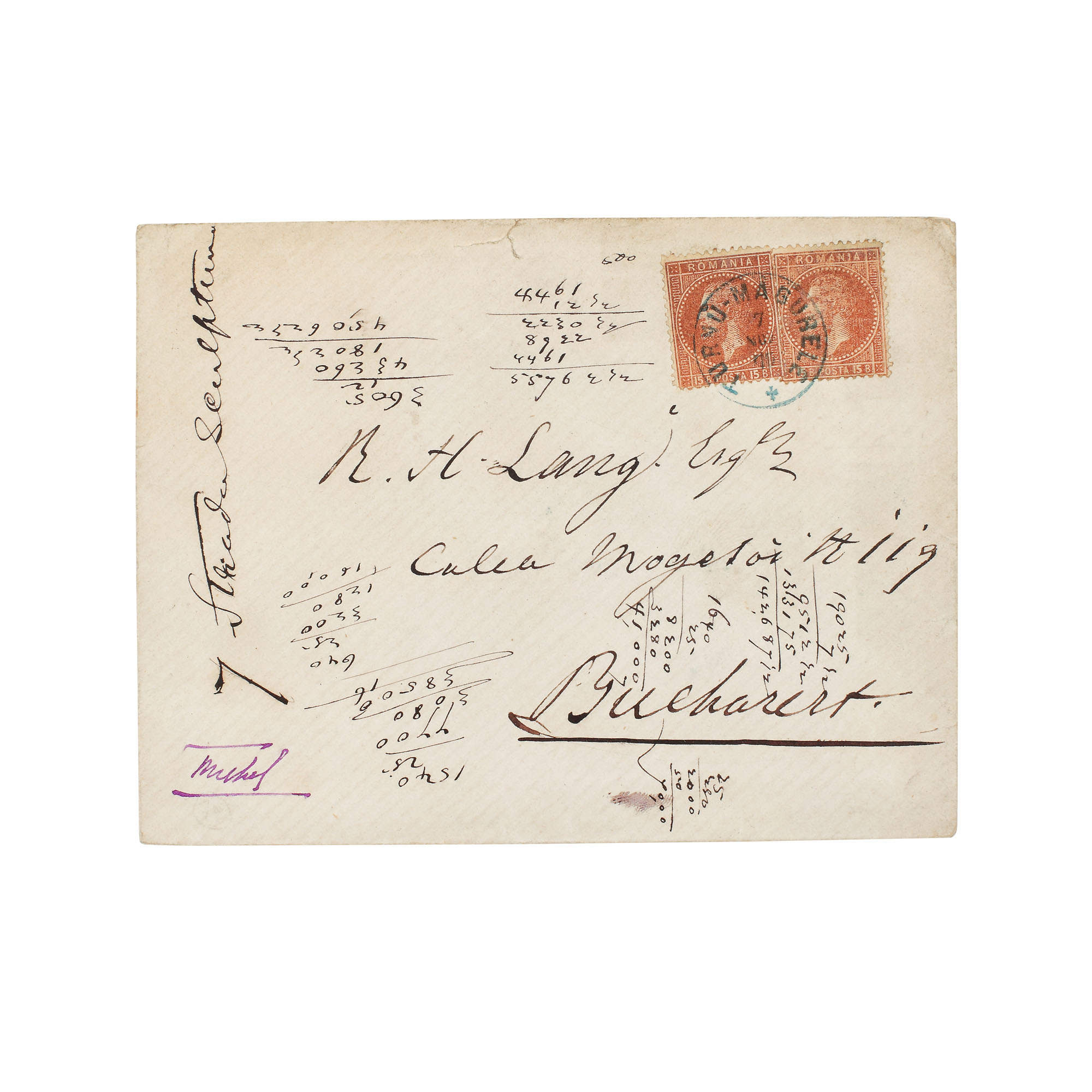 Envelope franked with two "Bucharest I Issue" stamps, 15 bani each, sent from Turnu-Măgurele to Bucharest, 7 November 1876