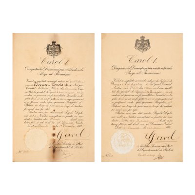 Lot consisting of two patents belonging to General Constantin Boerescu, with the holograph signature of King Carol I, 1906-1913, originating from the Boerescu family collection