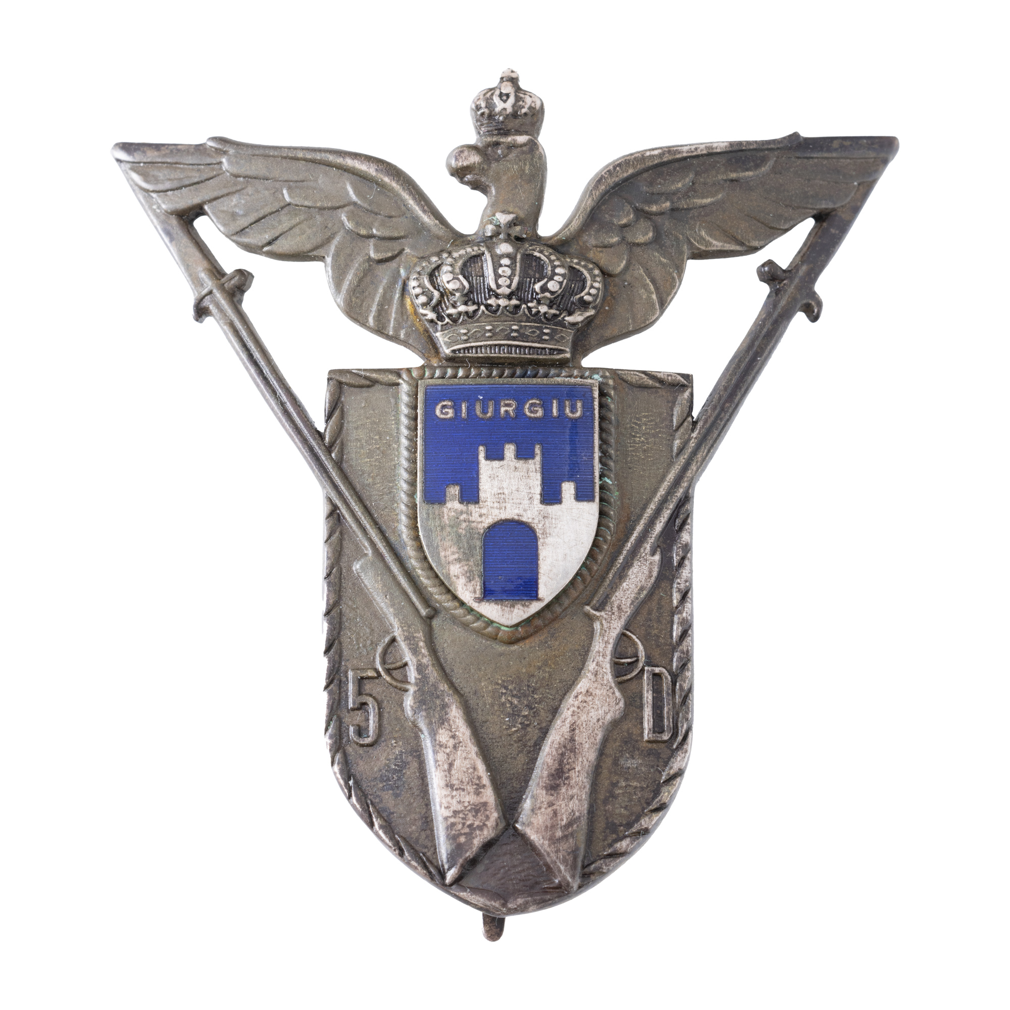 Insignă, 7 ani de serviciu, pentru ofițeri, Regimentul 5 Dorobanți Vlașca, Giurgiu, perioada interbelică