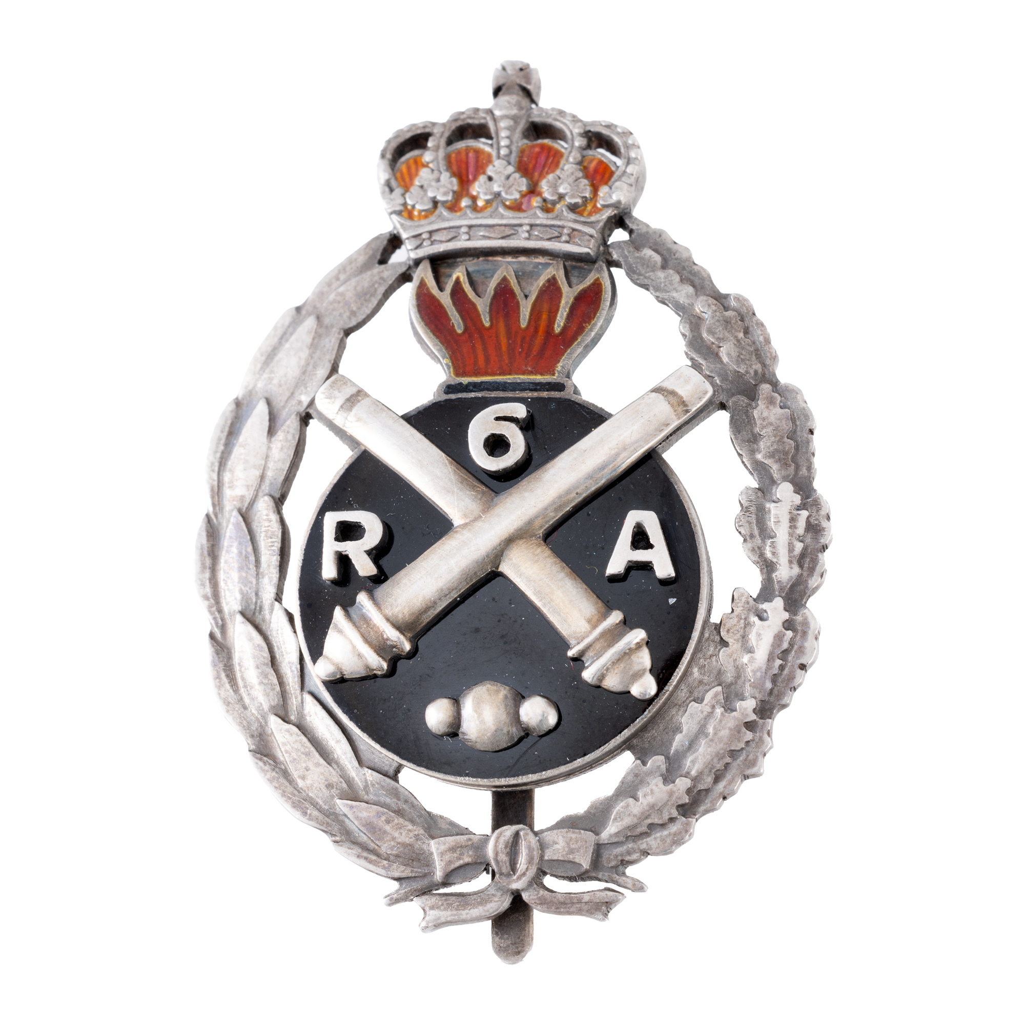 Insignă, 7 ani de serviciu, pentru ofițeri, Regimentul 6 Artilerie Pitești, argint, perioada interbelică