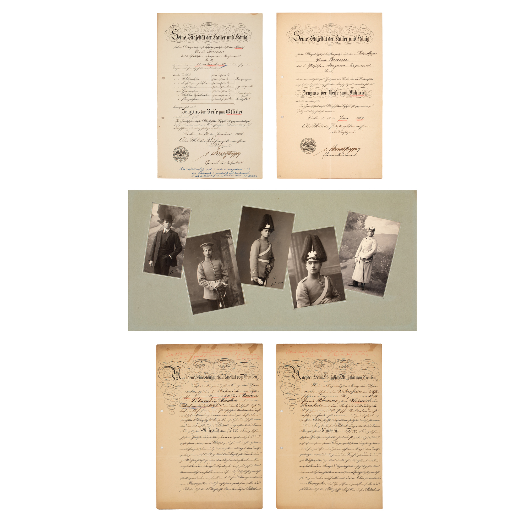 Lot consisting of five photographs depicting the son of General Constantin Boerescu, officer Pârvu Boerescu, along with four military school documents and patents, issued by the Military School in Hagenau, Germany, 1907-1908, originating from the Boerescu family collection